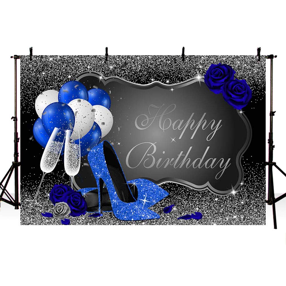 MEHOFOND Glitter Silver & Blue Birthday Backdrop - 7x5ft Women's Party Decor with Royal Blue Heels, Rose Balloons & Champagne Design - Perfect for Birthday Photography, Studio Props & Celebration Backgrounds