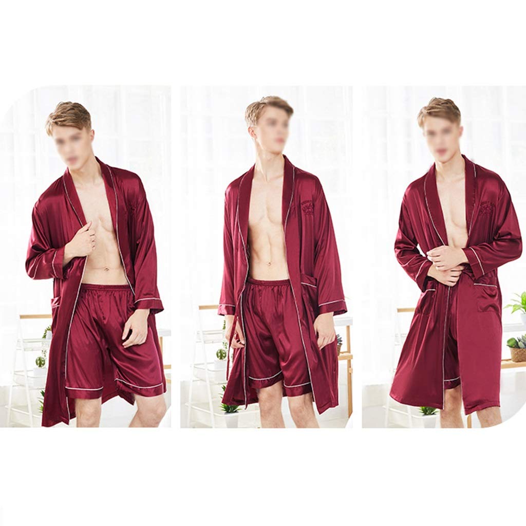 Luxury Men's Kimono Robe with Shorts - Lightweight Satin Bathrobe for Summer & Lounge Wear - Red Large Size - Perfect for Spa, Beach Cover-Up & Home Relaxation