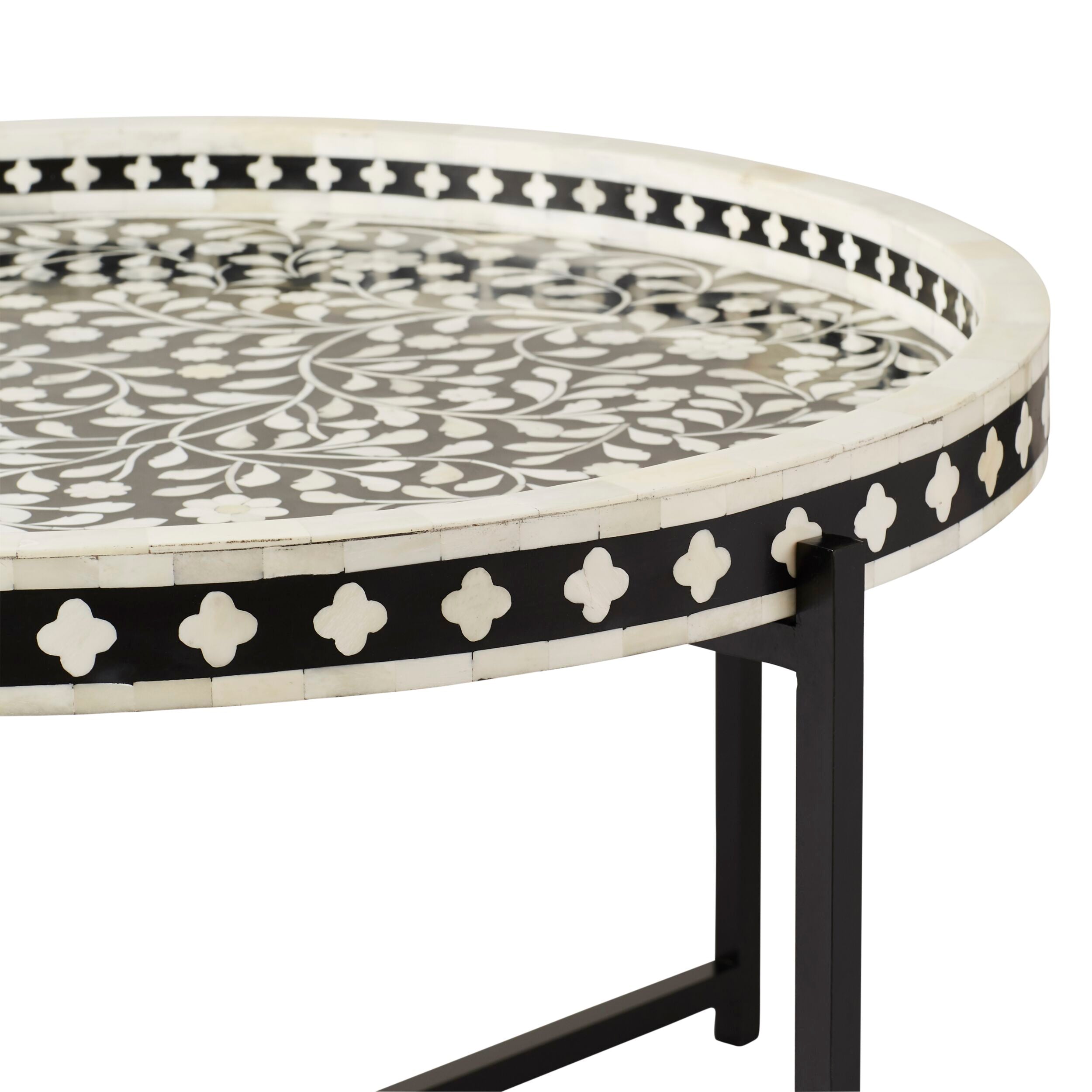 Exquisite Black Bone Inlay Round Coffee Table with Sturdy Black Frame - 75cm Diameter Modern Centerpiece for Living Room, Lounge & Office Decor