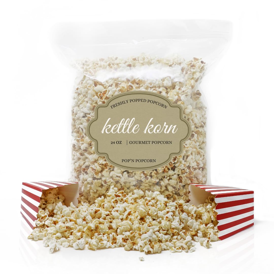 Pop'N Popcorn Kettle Korn - 24oz Ready-to-Eat Kettle Corn Snack - Freshly Popped & Resealable Bag - Perfect for Movie Nights, Family Picnics, Office Snacks & Road Trips