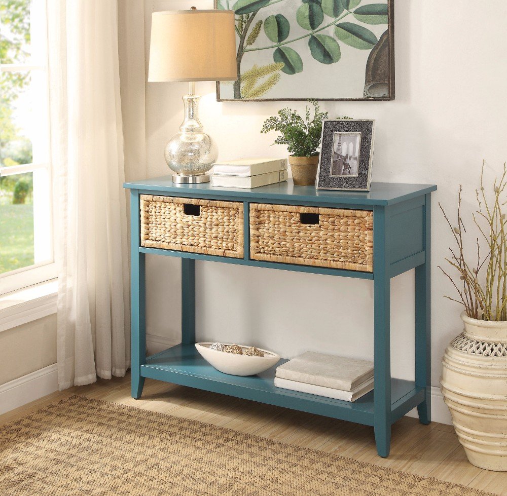 Benzara Flavius Blue Console Table with 2 Drawers - Elegant Entryway Furniture for Hallway, Living Room & Foyer Decor