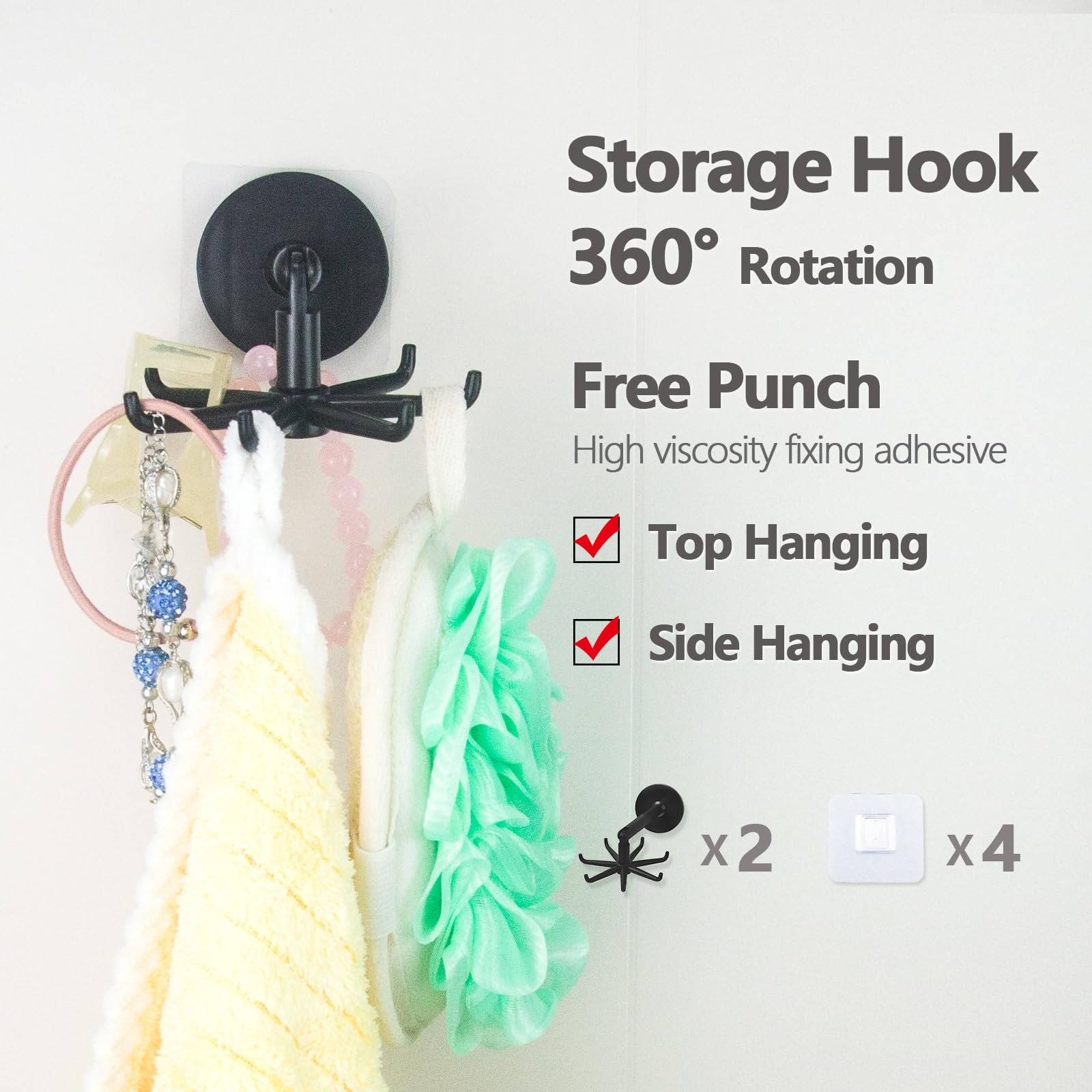 360° Rotating Under Cabinet Kitchen Wall Shelf Hooks - 7 Hooks Space Saving Utensil Organizer for Tools, Towels, Oven Mitts - No Drill Adhesive Mount - Perfect for Kitchen, Bathroom & Pantry Organization (2 Pack, Black)