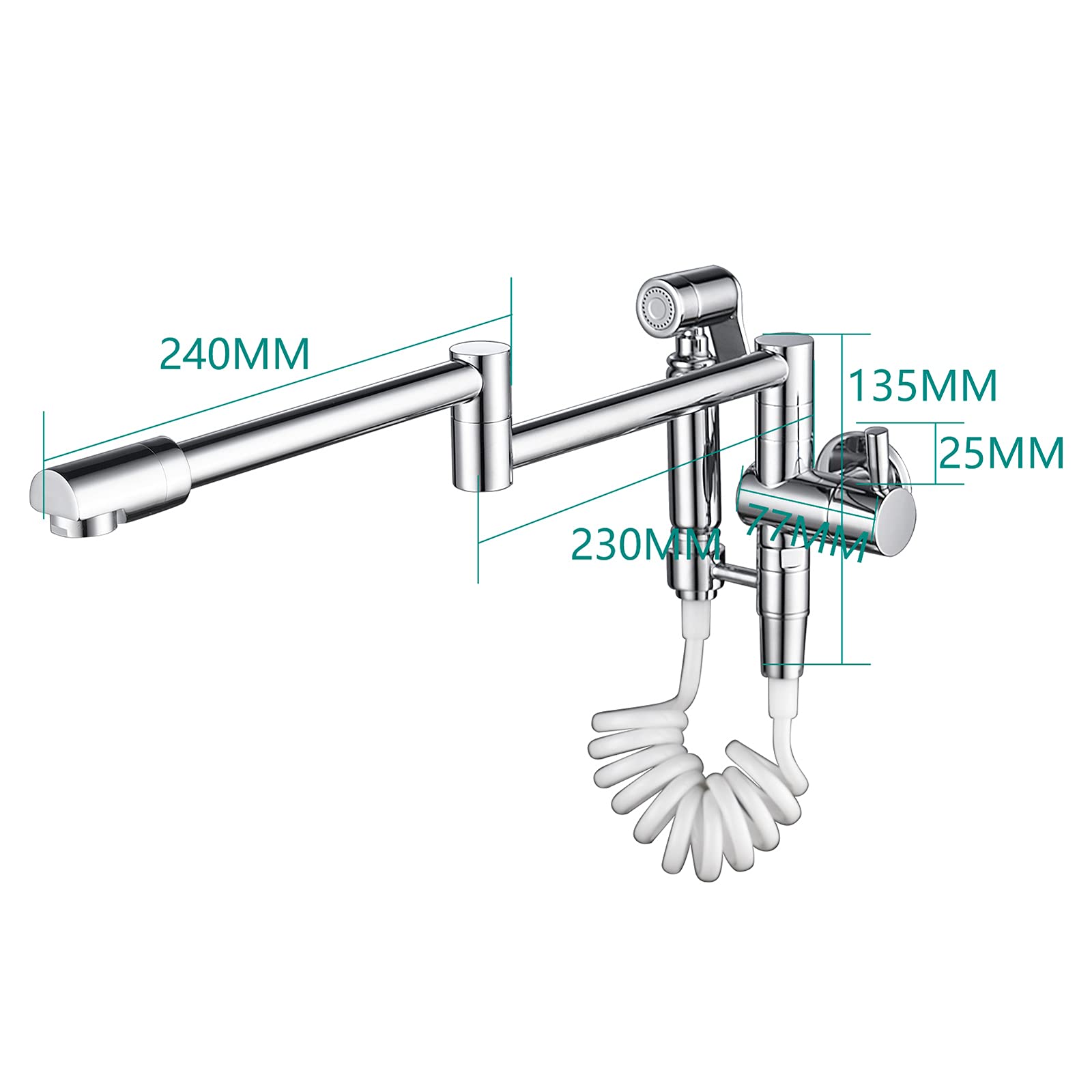Biveah 360° Rotating Brass Wall Mounted Kitchen Sink Faucet with Sprayer - Chrome Finish Pot Filler Tap for Easy Cooking & Filling Large Pots (Model KLB001C) | Perfect for Home Chefs & Commercial Kitchens