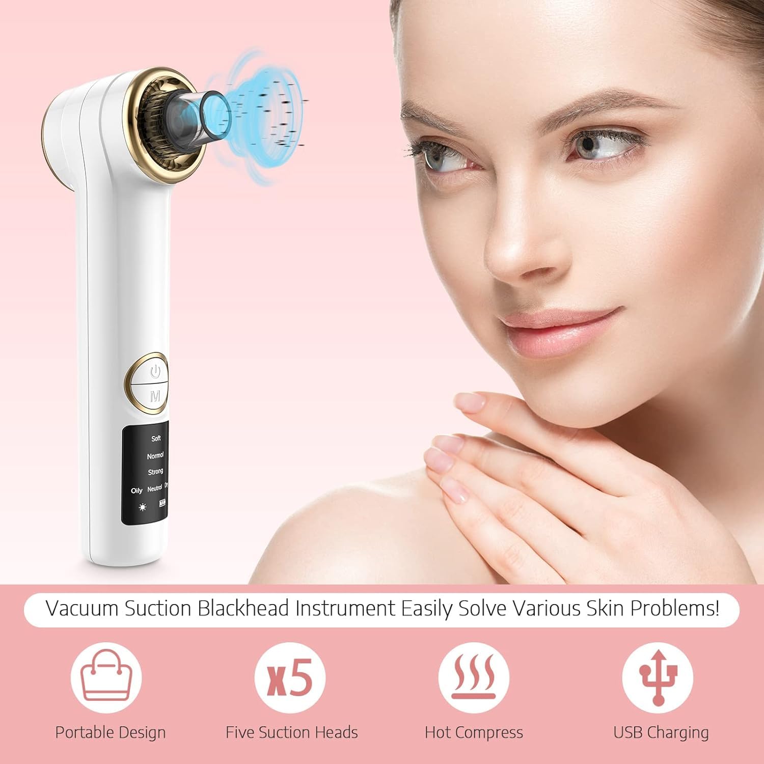 **SBM MART Blackhead Remover Pore Vacuum - Facial Pore Cleaner with Hot Compress, 3 Modes & 5 Probes for Deep Cleansing - Blackhead Suction Tool for Women & Men (White) - Perfect for Daily Skincare & Acne Treatment**