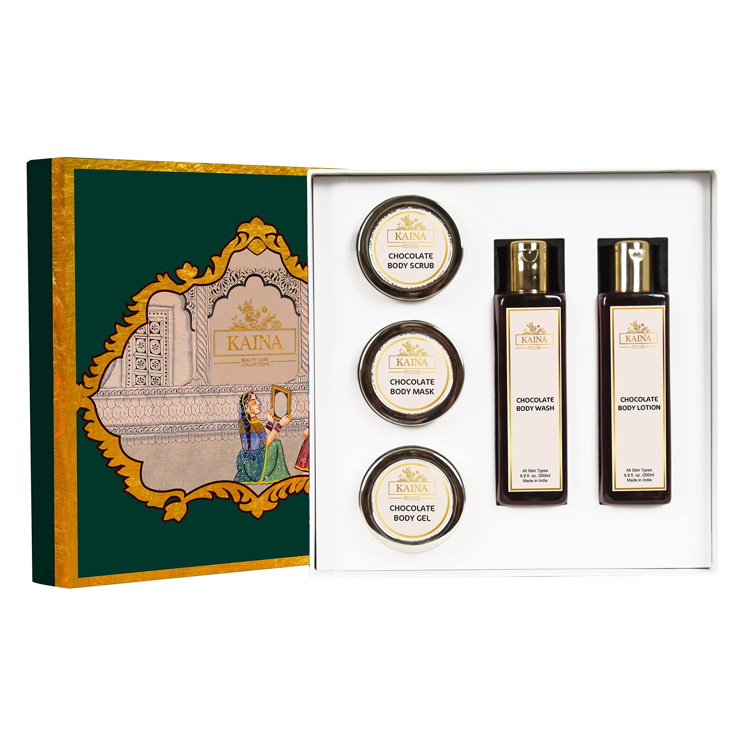 Kaina Chocolate Body Polishing Kit - Exfoliating & Moisturizing Set for Smooth Glowing Skin | Dead Skin Cell Removal, Deep Hydration Body Scrub, Gel, Lotion & Mask | Unisex Skincare Gift Set (5-Piece) | Perfect for Date Night, Spa Day & Self-Care Routine
