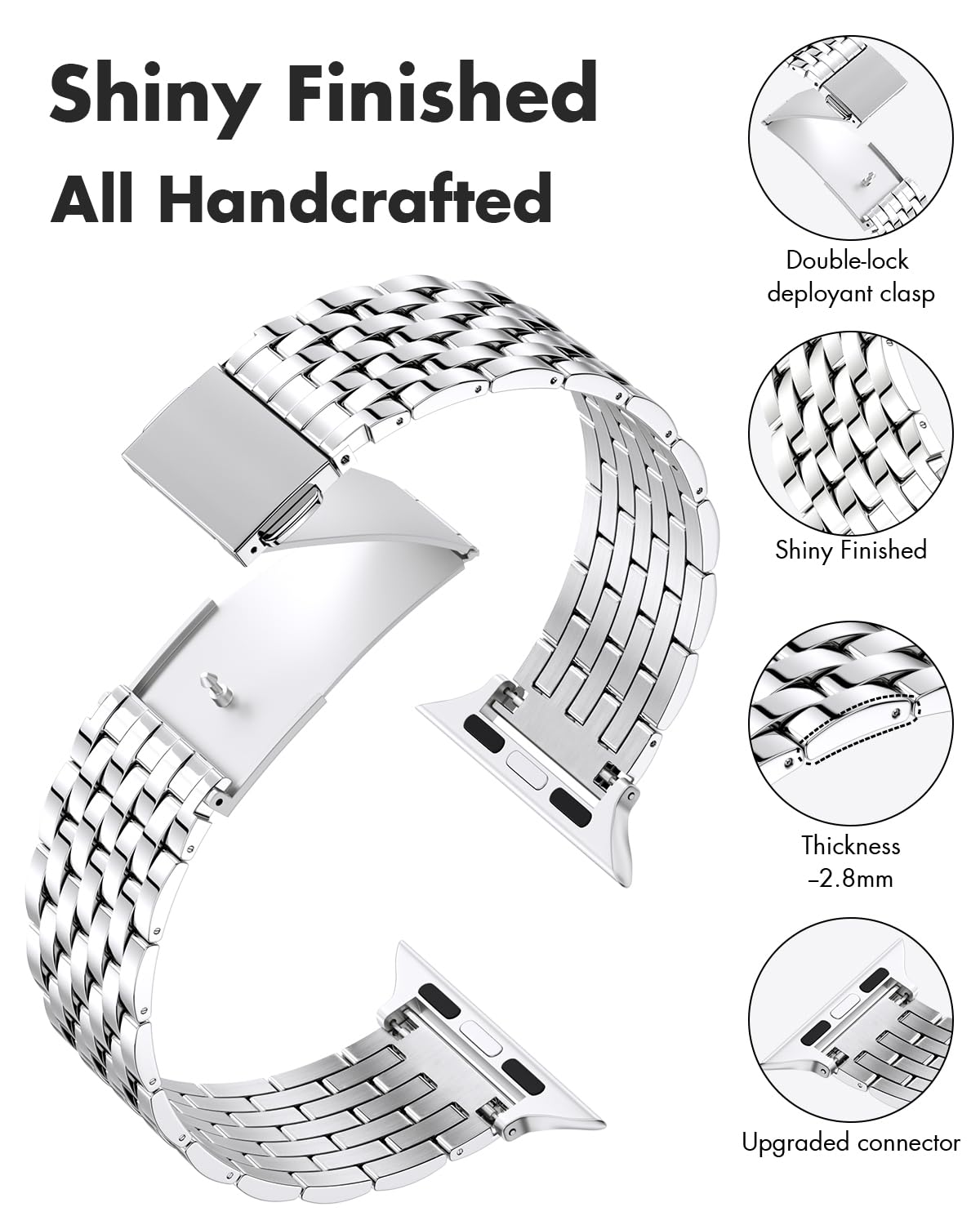 Premium Stainless Steel Apple Watch Band for 38mm 40mm 41mm 42mm 44mm 45mm - Compatible with Series 9/8/7/6/5/4/3/2/1 SE/SE2 - Shiny Metal Watch Strap for Women & Men - Perfect for Workouts, Office & Everyday Wear