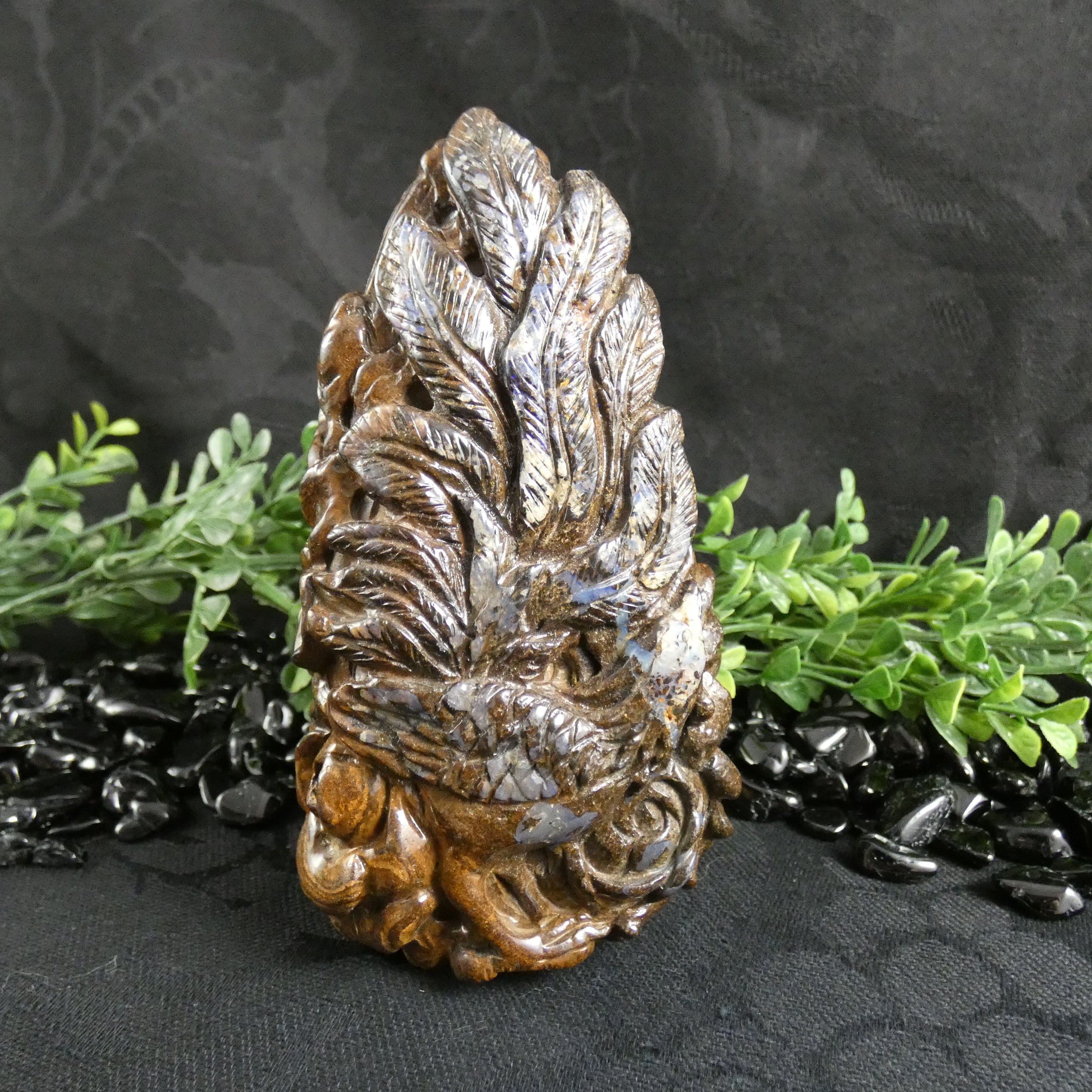 Natural Boulder Opal Bird & Flower Basket Carving - Handcrafted Gemstone Art for Home Decor & Gift Giving | Perfect for Display, Collection & Spiritual Healing