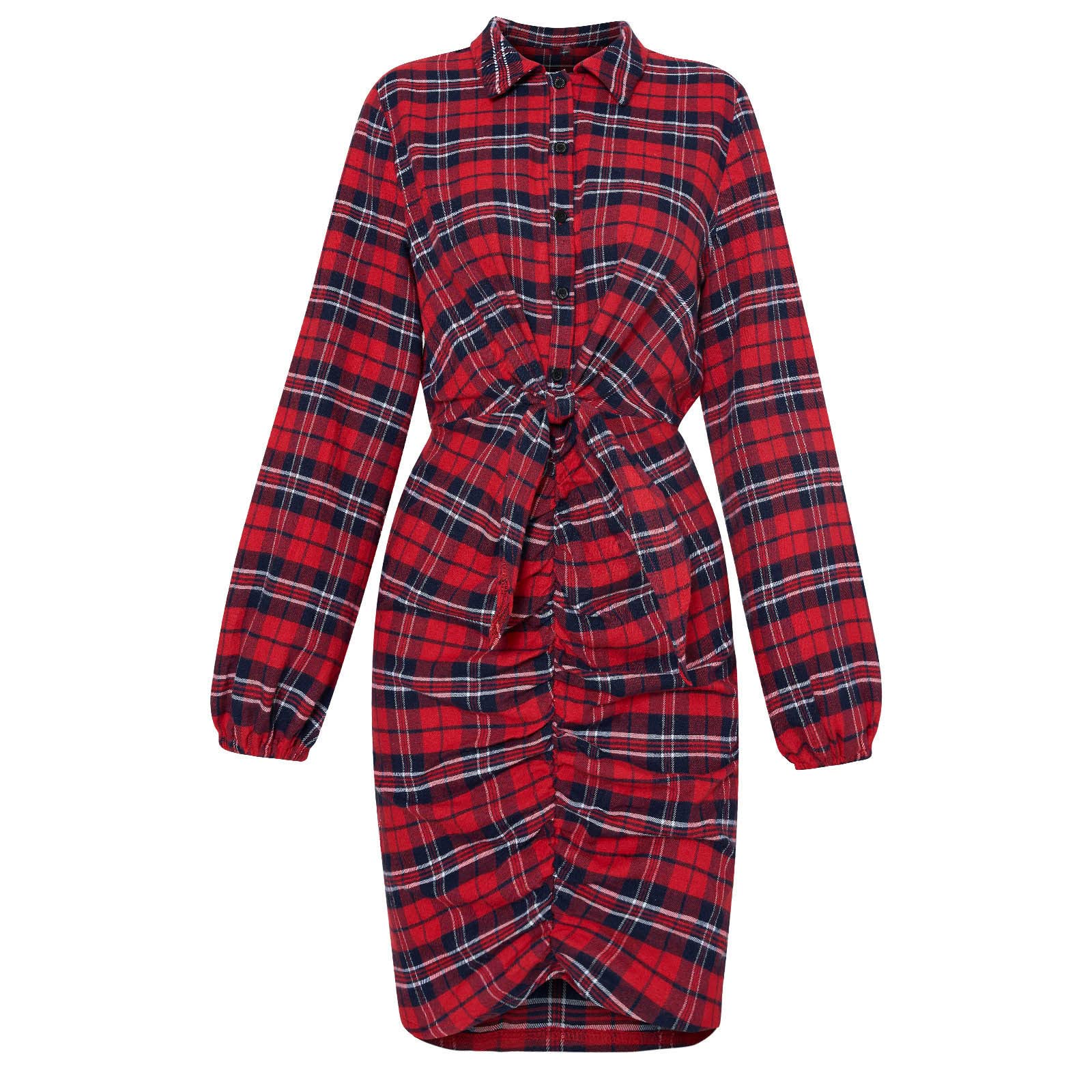 Stylish Women's Plaid Print Shirt Dress - Sexy Bodycon Office Dress with Long Sleeves & Lace-Up Detail | Perfect for Work, Party & Casual Outings
