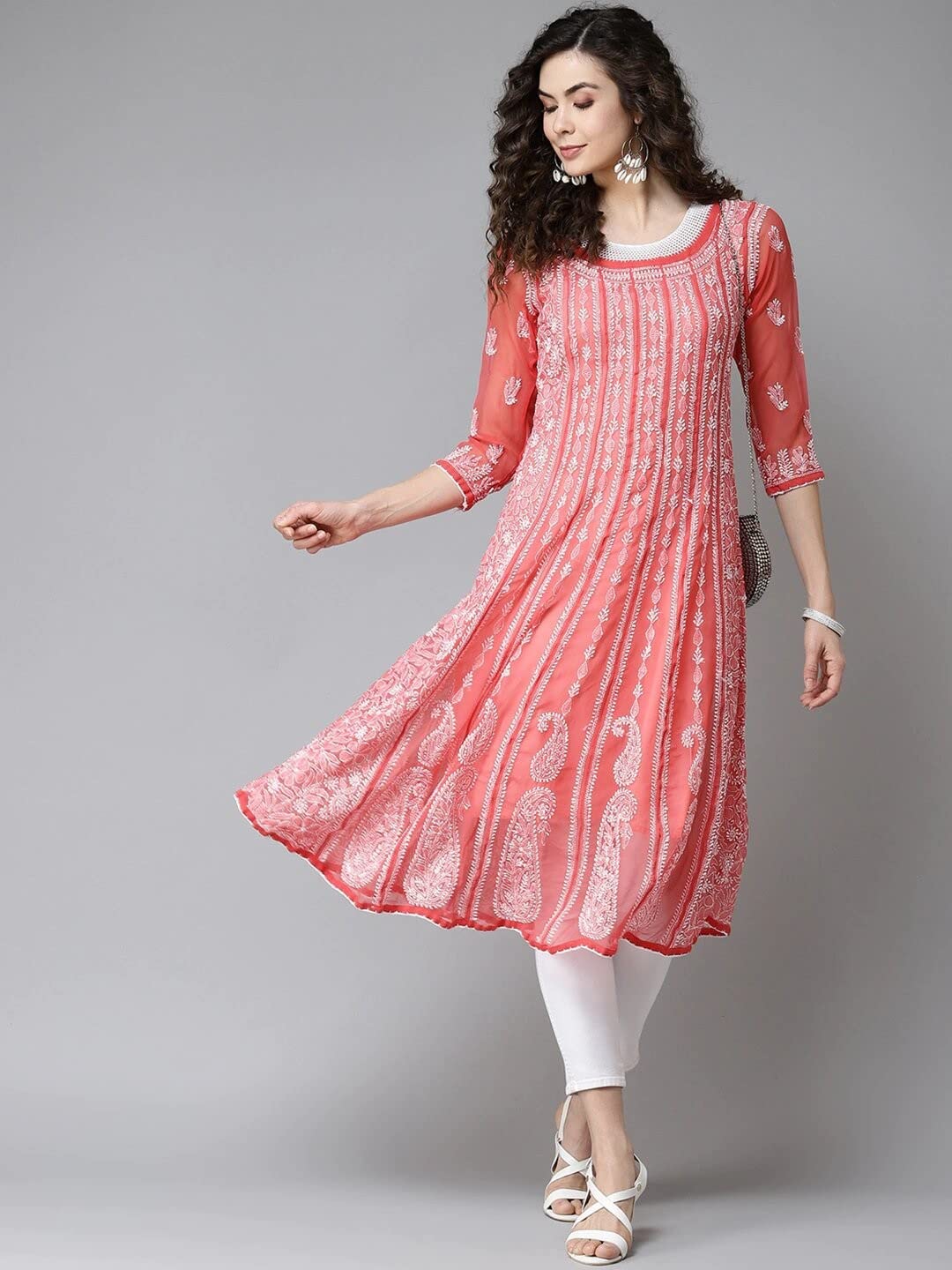 Hand Embroidered Indian Chikankari Traditional Georgette Anarkali Kurta Kurti for Women - Elegant Ethnic Wear for Festivals, Weddings & Special Occasions