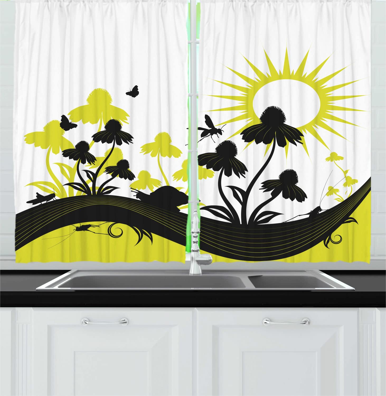 Ambesonne Coneflower Long Kitchen Curtains - Nature Inspired Botanical Print with Blossoms & Butterflies - 55