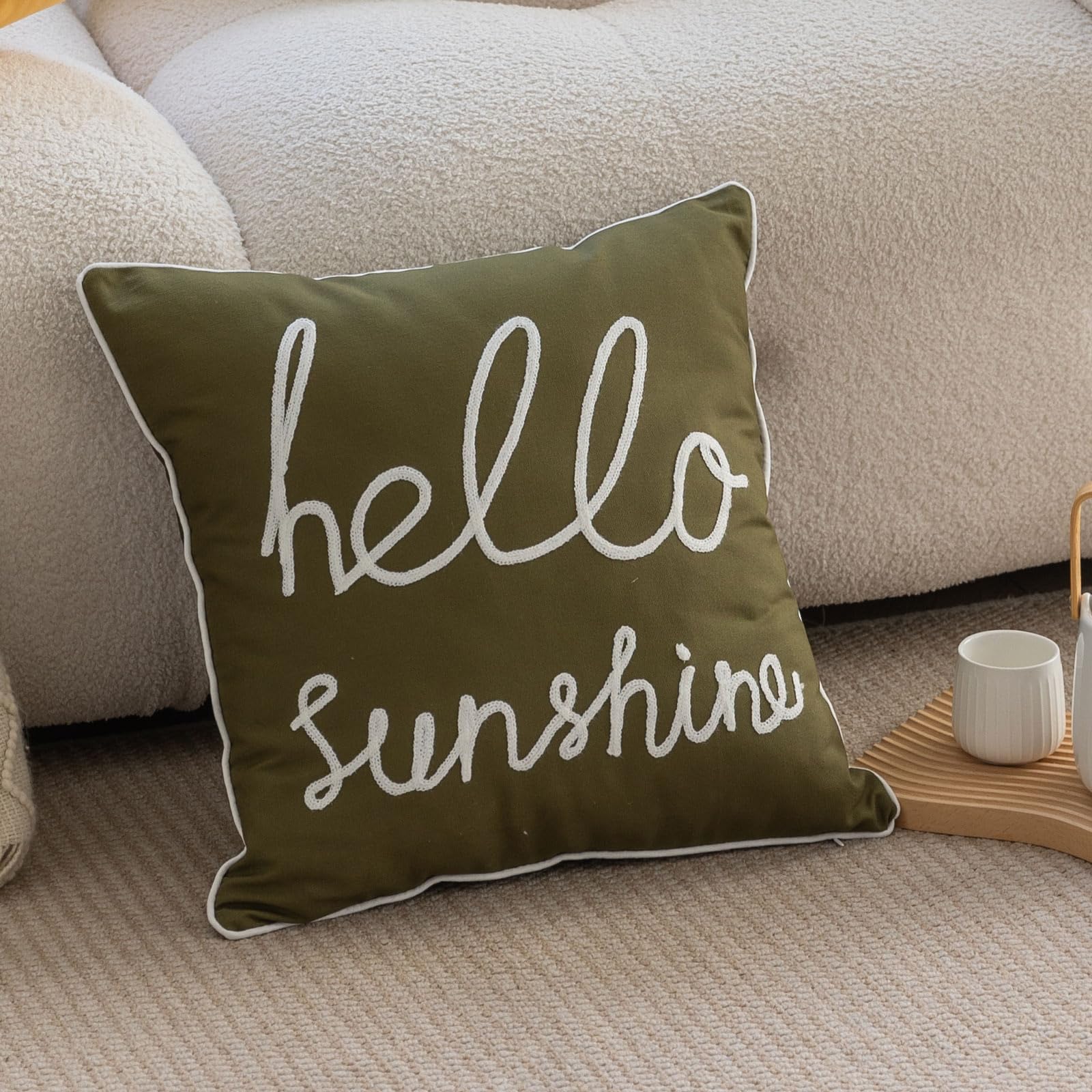 YIcabinet Set of 2 Soft Solid Decorative Square Throw Pillow Covers 18x18 Inch - Green Hello Sunshine Pattern for Sofa, Bedroom, Outdoor Patio & Car Decor - Perfect for Home Accent, Living Room Coziness and Seasonal Decorations
