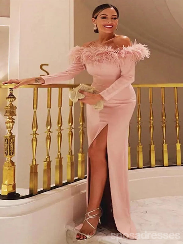 Elegant Pink Mermaid Prom Dress with Off-Shoulder Long Sleeves & High Slit - Formal Evening Gown for Homecoming, Pageant & Special Occasions