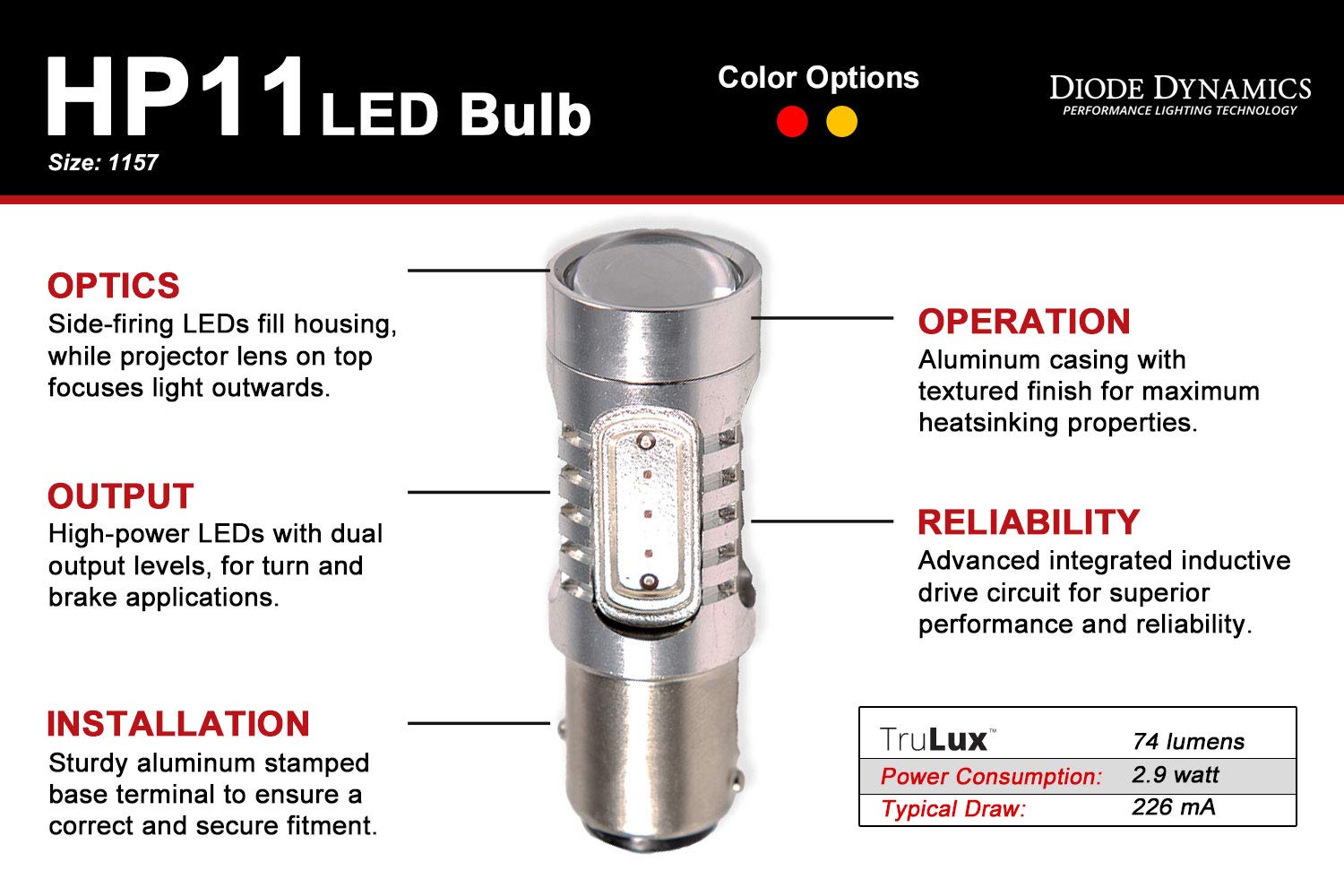 1157 LED Bulb HP11 - Super Bright Red LED Replacement Light for Cars, Trucks, Motorcycles - Single Diode Dynamics - Perfect for Brake Lights, Tail Lights & Turn Signals