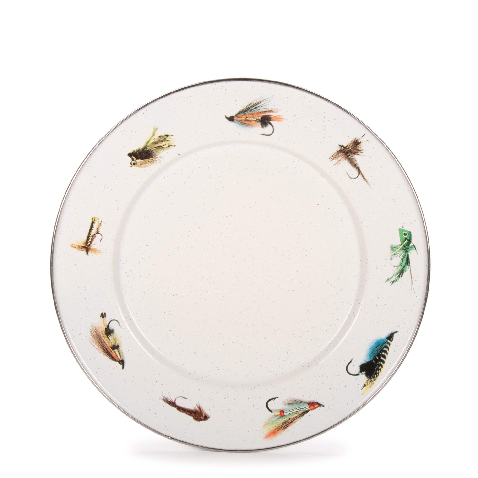Golden Rabbit Enamelware Dinner Plates - Set of 4, 10.5 Inch Porcelain Plates with Fishing Fly Design - Elegant Tableware for Home Dining, Restaurants & Outdoor Picnics