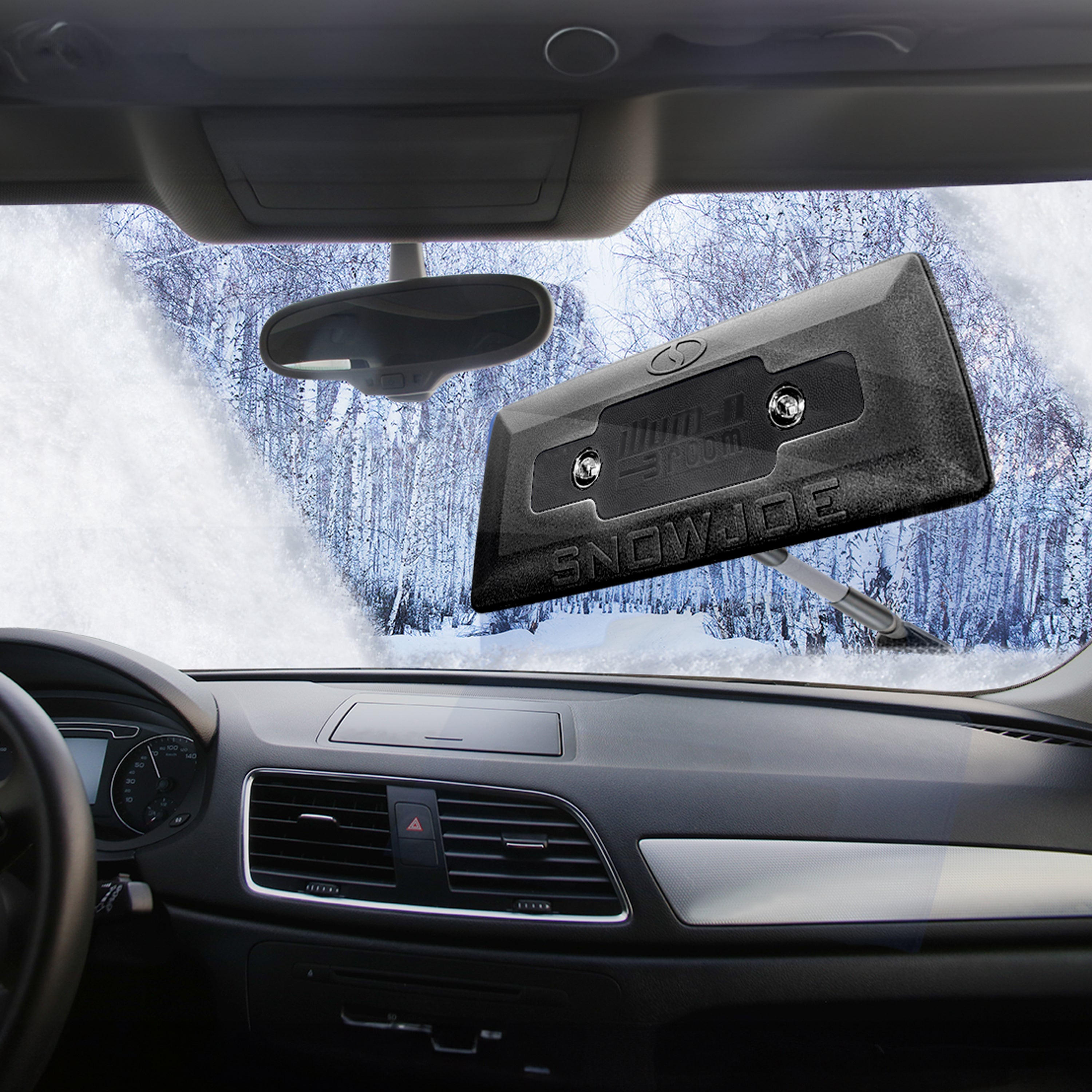 Snow Joe SJBLZD LED Black 4-in-1 Telescoping Snow Broom & Ice Scraper with 18-Inch Foam Head and Built-in Headlights - Perfect for Car Windshield, Driveway, and Winter Storm Cleanup