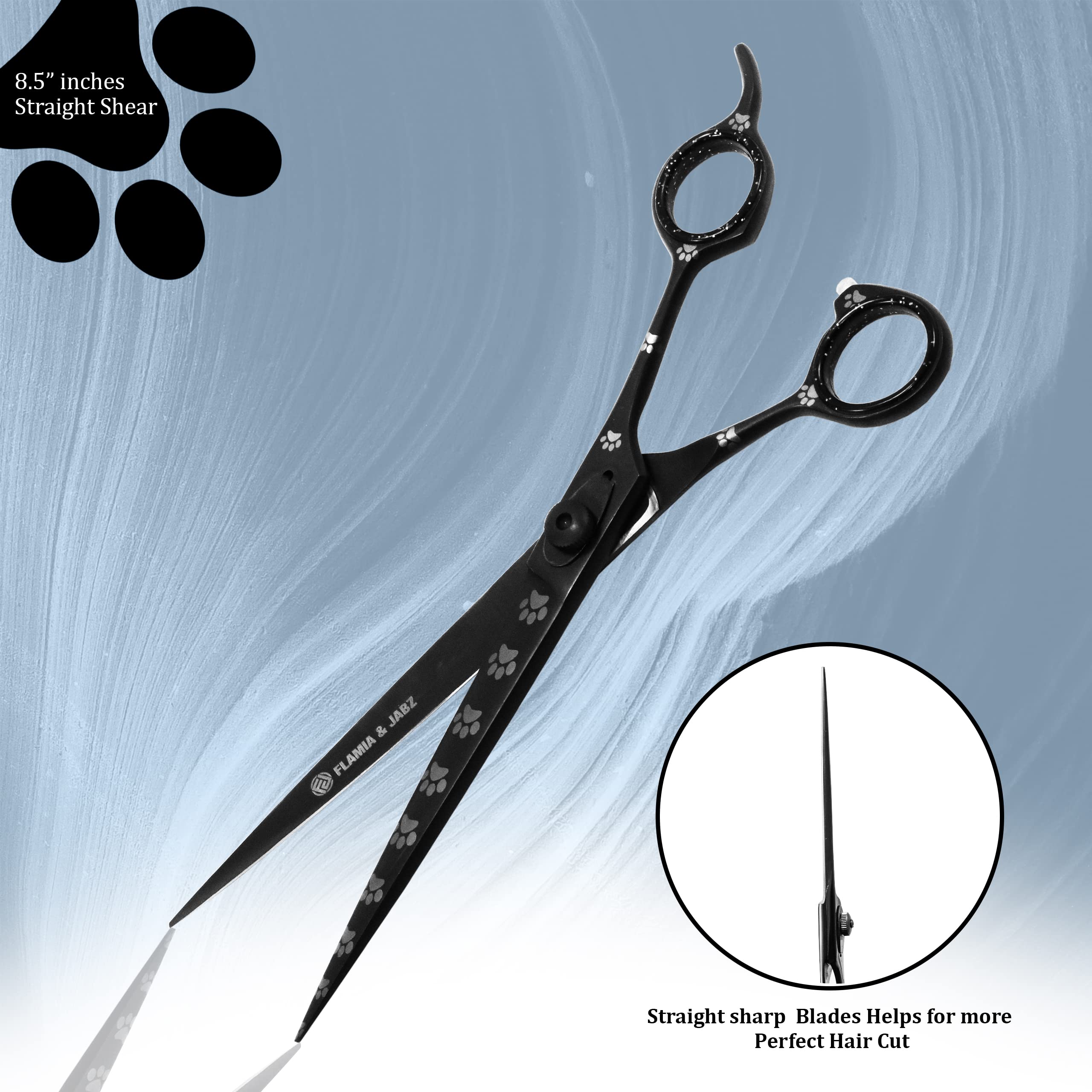 Premium Dog Grooming Scissors Set - 8 Inch Stainless Steel Straight, Curved, Thinning & Chunker Shears with Paw Prints for Professional Pet Grooming | Right-Handed Black Shears for Dogs, Cats & Small Animals | Perfect for Home Grooming & Professional Pet Salons