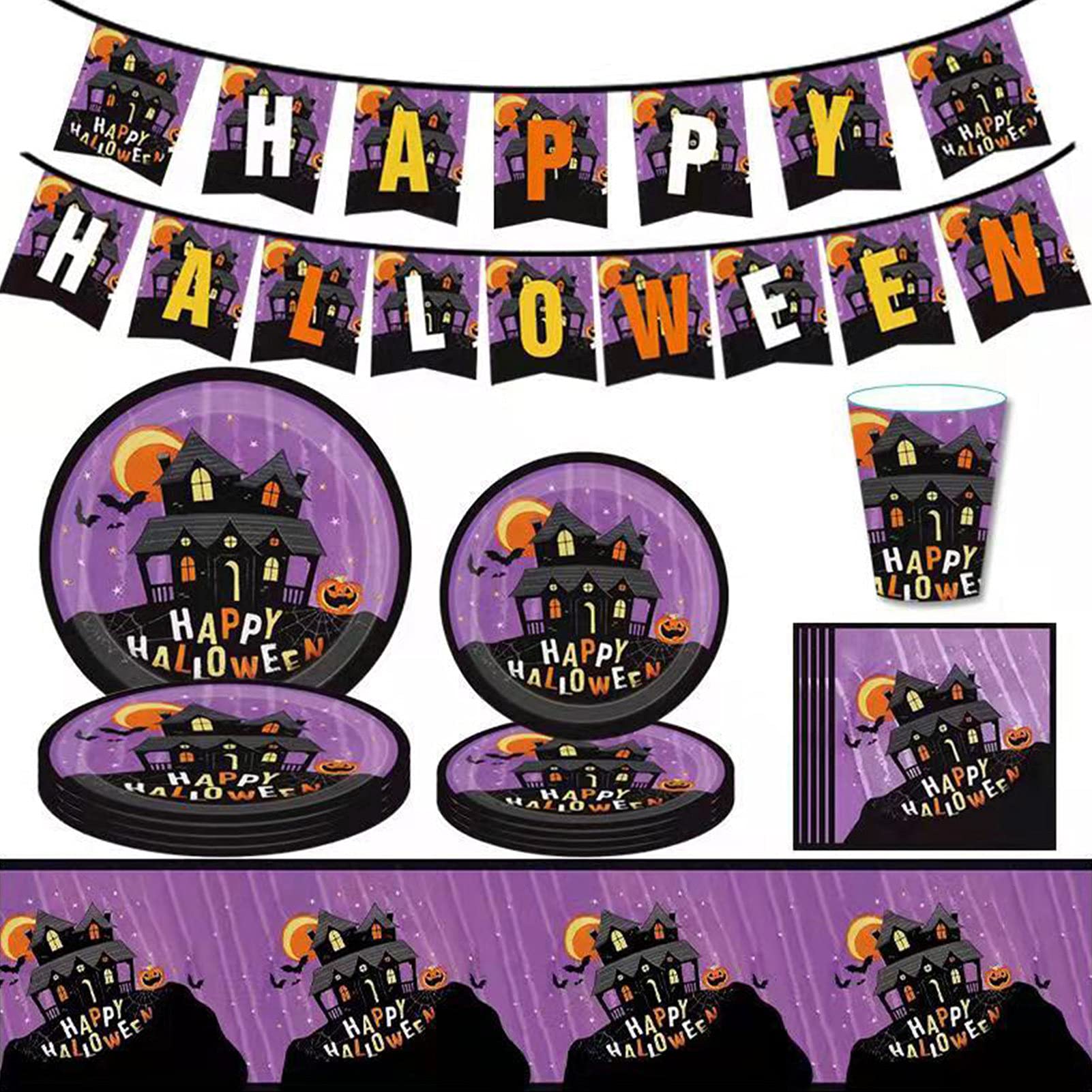 Halloween Party Supplies Set - 24 Pcs Disposable Plates, Cups, and Decorations for Spooky Themed Parties, Home Decor, Trick or Treat Events - Orange & Black Halloween Tableware Kit