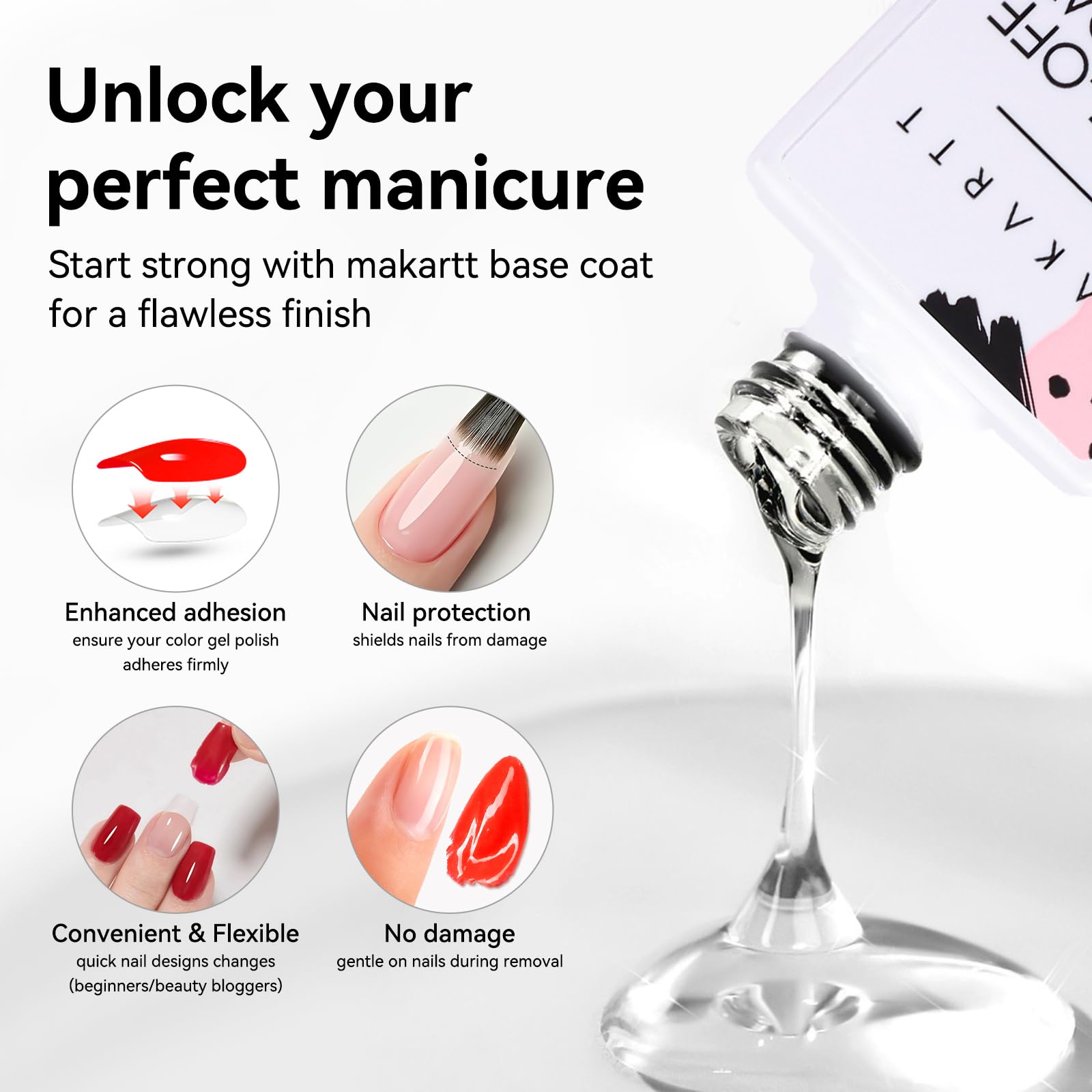 Makartt 15ml No Wipe Gel Top Coat & Peel Off Base Coat Set - 2Pcs Shine Finish Long Lasting UV LED Nail Polish for DIY Manicure | Salon Quality, Easy Soak Off, No Filing Required | Perfect for Home Nail Art, Professional Nail Salons & Gift Giving
