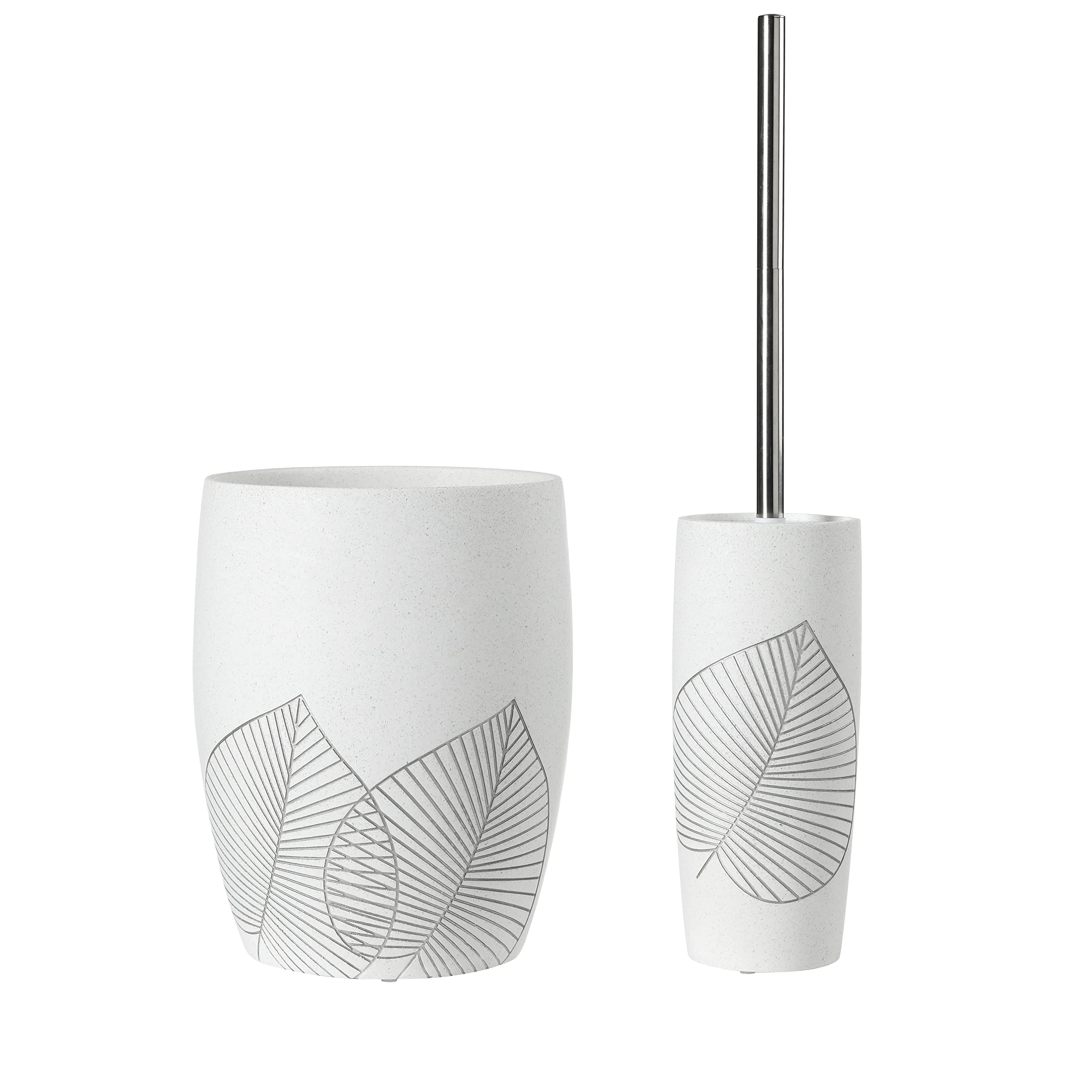 2-Pack Elegant Leaf Design High-Quality Polyresin Wastebasket Trash Can with Brush Holder - Perfect for Bathroom, Kitchen, Home Office & Powder Room - White