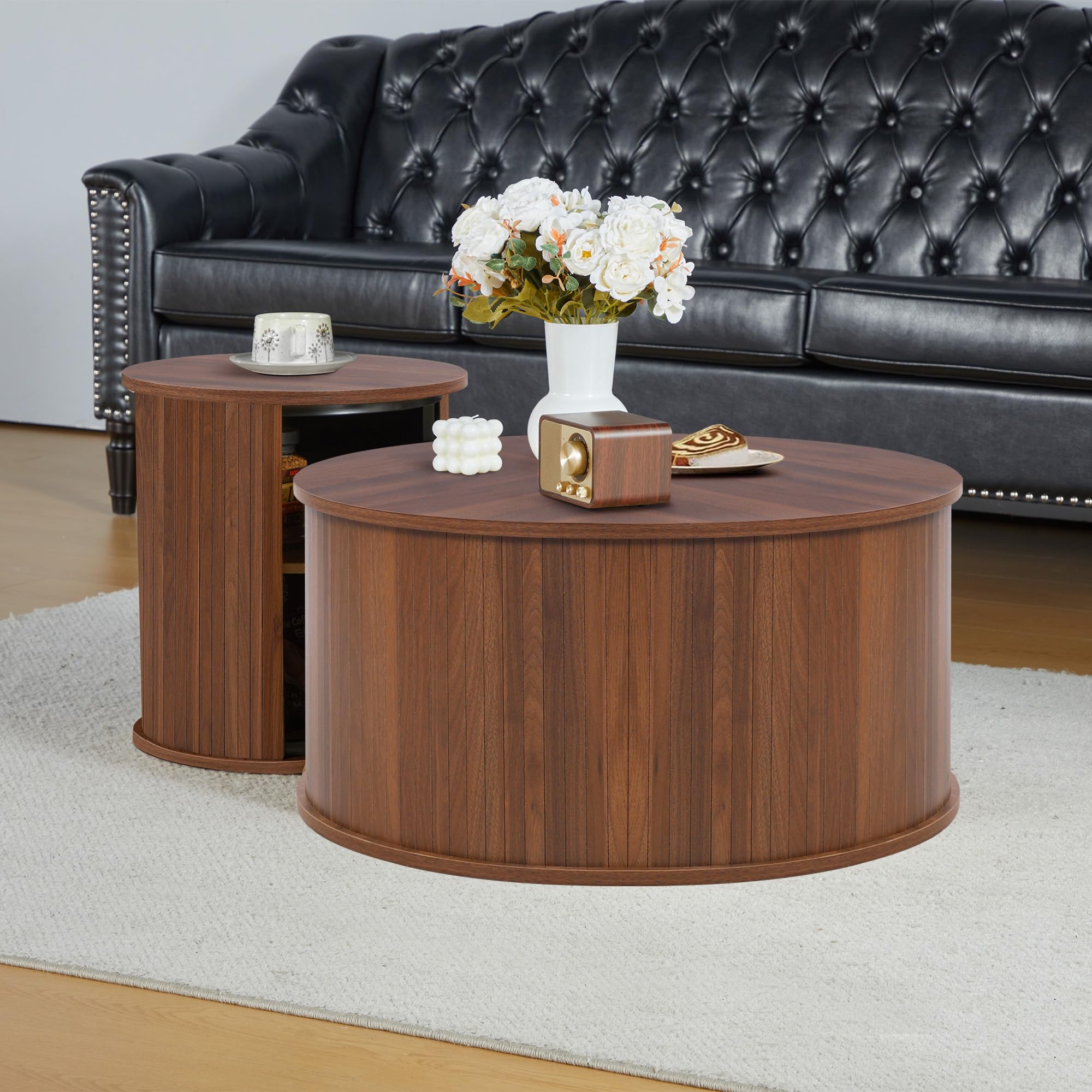 Round Wooden Nesting Coffee Table Set of 2 - Walnut Finish Circle Side Tables for Living Room, Office & Balcony | Perfect for Small Spaces, Home Decor & Coffee Time