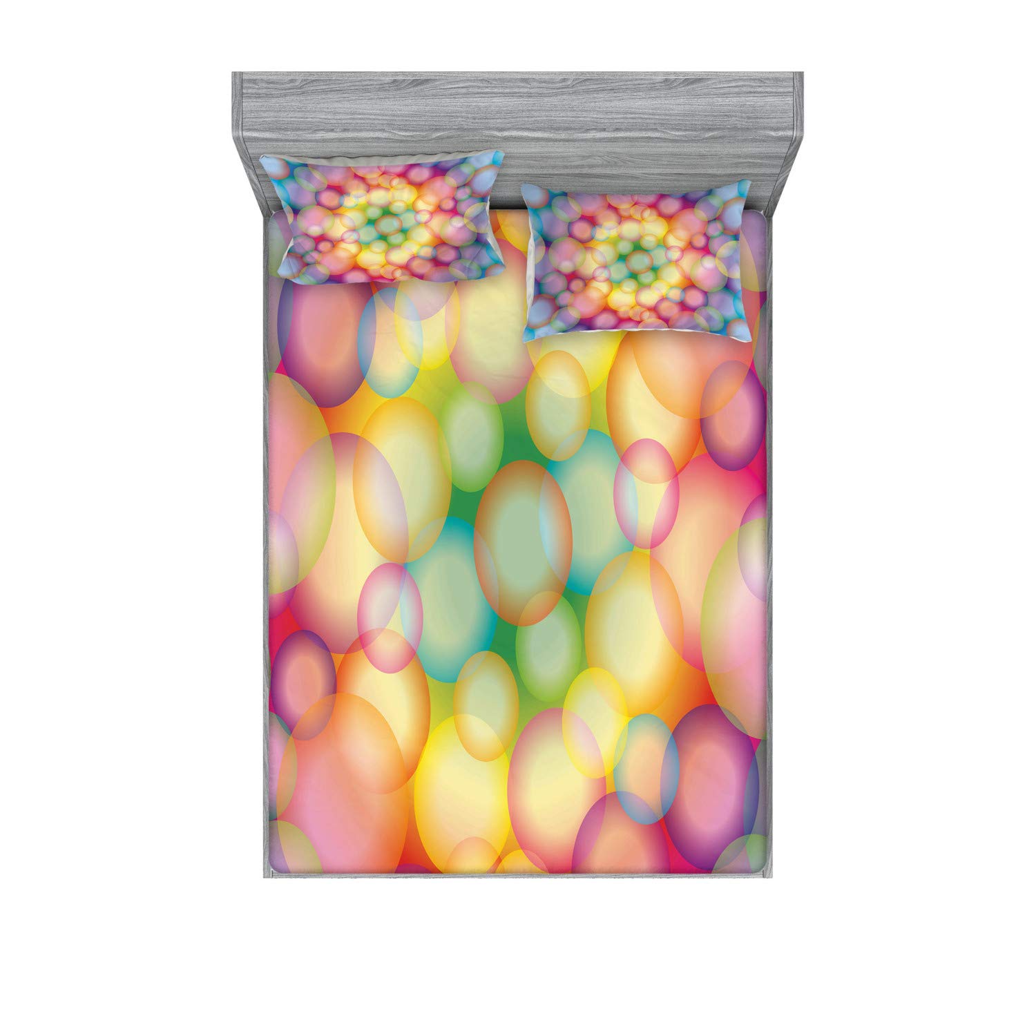 Ambesonne Modern 3-Piece King Size Fitted Sheet & Pillow Sham Set - Vibrant Rainbow Circular Hoops Bubble Design, Colorful Ball Pattern Contemporary Bedding - Perfect for Kids' Rooms, Guest Bedrooms & Bohemian Home Decor