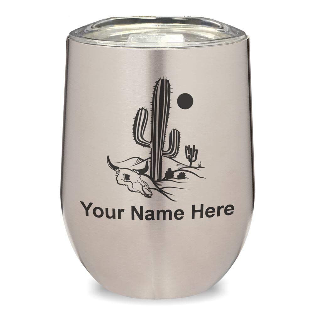 LaserGram Double Wall Insulated Stainless Steel Wine Tumbler with Cactus Design - Personalized Engraving Included - Perfect for Outdoor Picnics, Camping & Gifts (Stainless Steel)