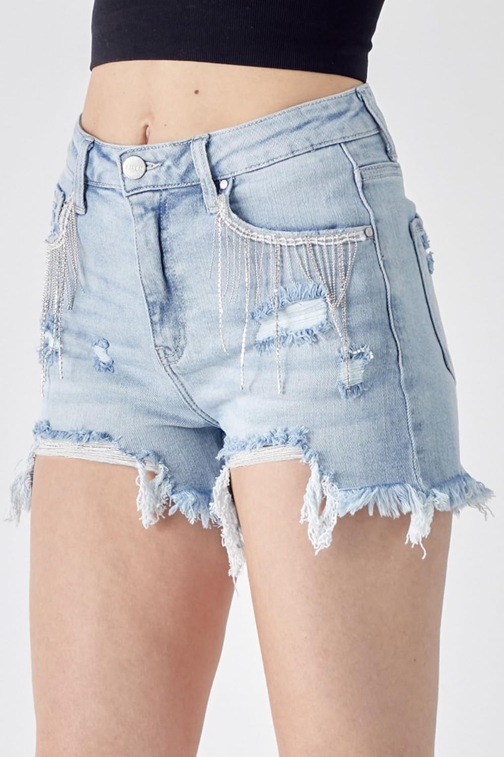 Risen Women's Frayed Hem Denim Shorts with Fringe Detail Pockets - High Waist Distressed Jean Shorts for Women - Perfect for Summer, Beach, and Casual Outfits