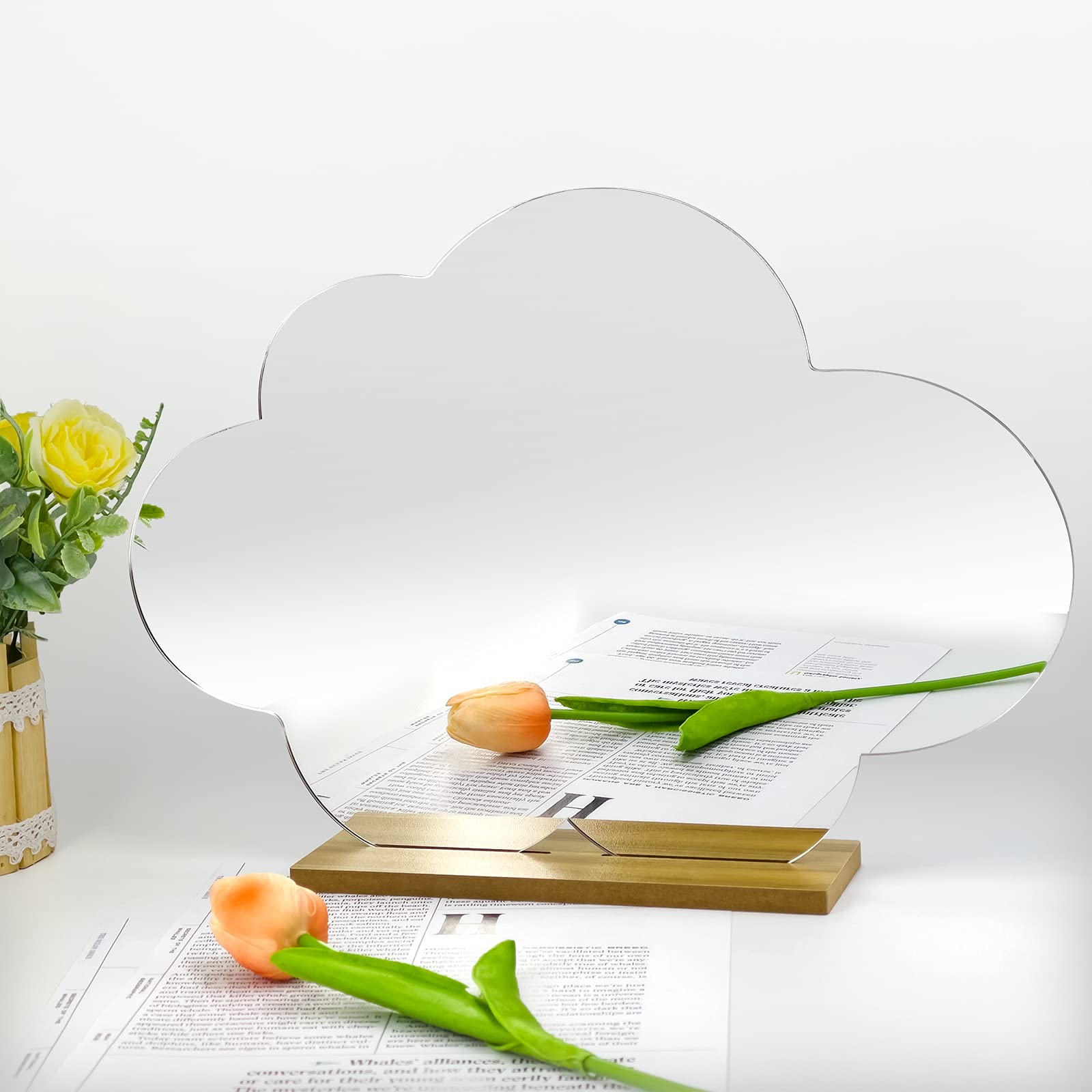 Cloud Shaped Irregular Acrylic Mirror with Wood Stand - Frameless Wall Mount or Tabletop Vanity Mirror for Bathroom, Bedroom & Makeup Studio Decor