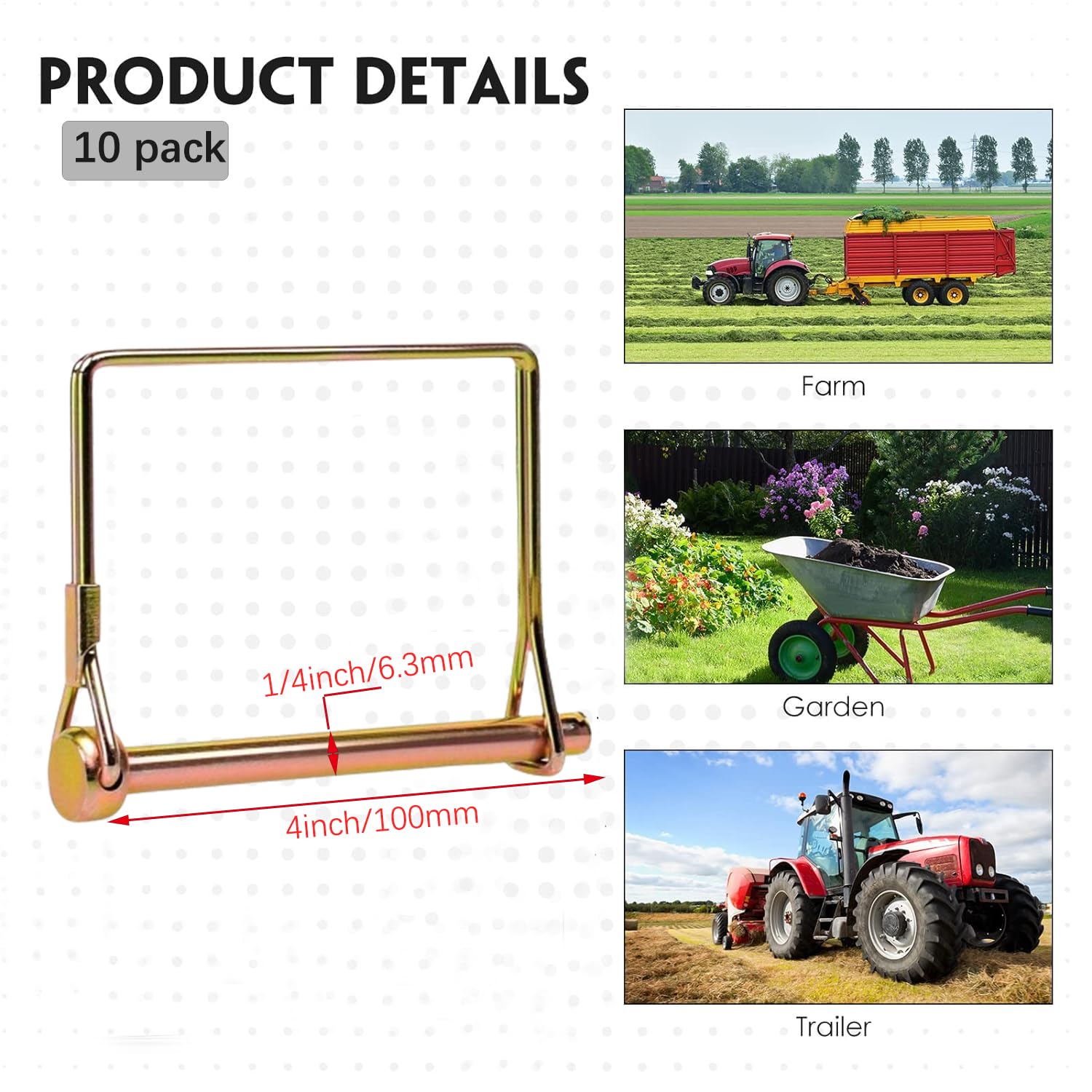 10 Pack 1/4x4 Inch Heavy Duty Trailer Coupler Lock Pins - Wire Lock PTO Shaft Hitch Pins for Secure Towing - Farm, Wagon, Lawn & Garden Trailer Accessories - Perfect for Towing Equipment, Agricultural Machinery & Outdoor Trailers