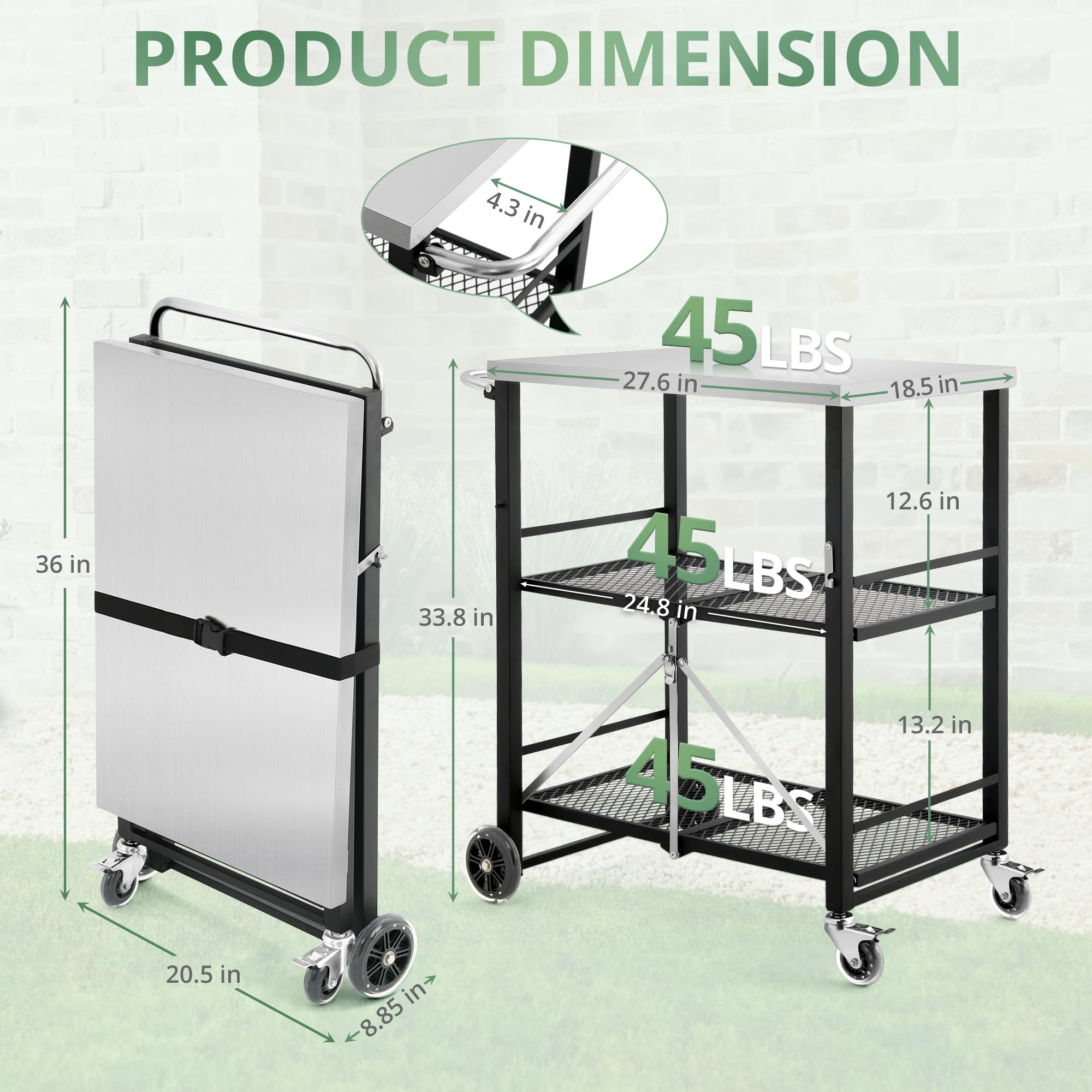 Foldable Outdoor Grill Cart with 2 Locking Casters - Stainless Steel BBQ Table & Pizza Oven Stand - 3-Shelf Folding Kitchen Island - Black | Perfect for Backyard Cooking, Camping & Outdoor Entertaining