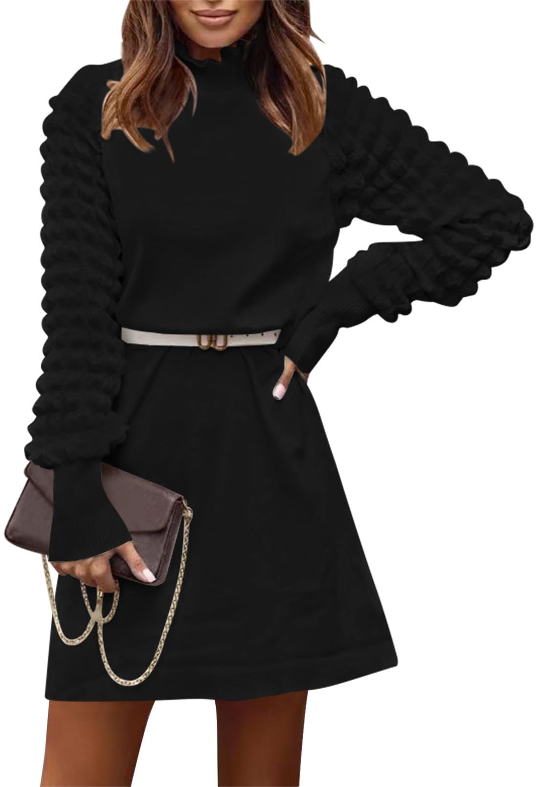 HUUSA Women's Winter Dresses 2024 - Cozy Fall Puff Sleeve Long Sleeve Sweater Dresses, Loose Mock Neck Mini Dress for Casual Outings & Date Nights | Perfect for Holiday Parties, Office Wear & Winter Vacations