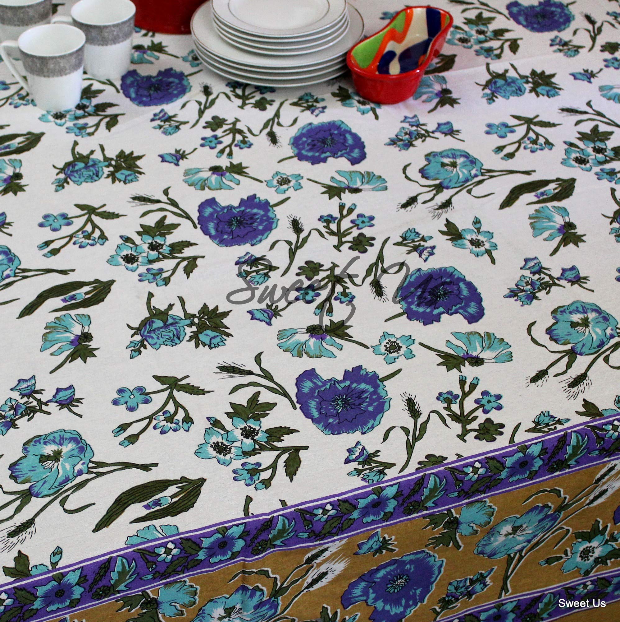 Premium Cotton Floral Tablecloth - White Gold Blue Purple Vine Pattern - 70 x 106 Inch Rectangle Table Cover for Dining, Parties, Weddings - Indoor & Outdoor Use - Washable & Wrinkle-Resistant