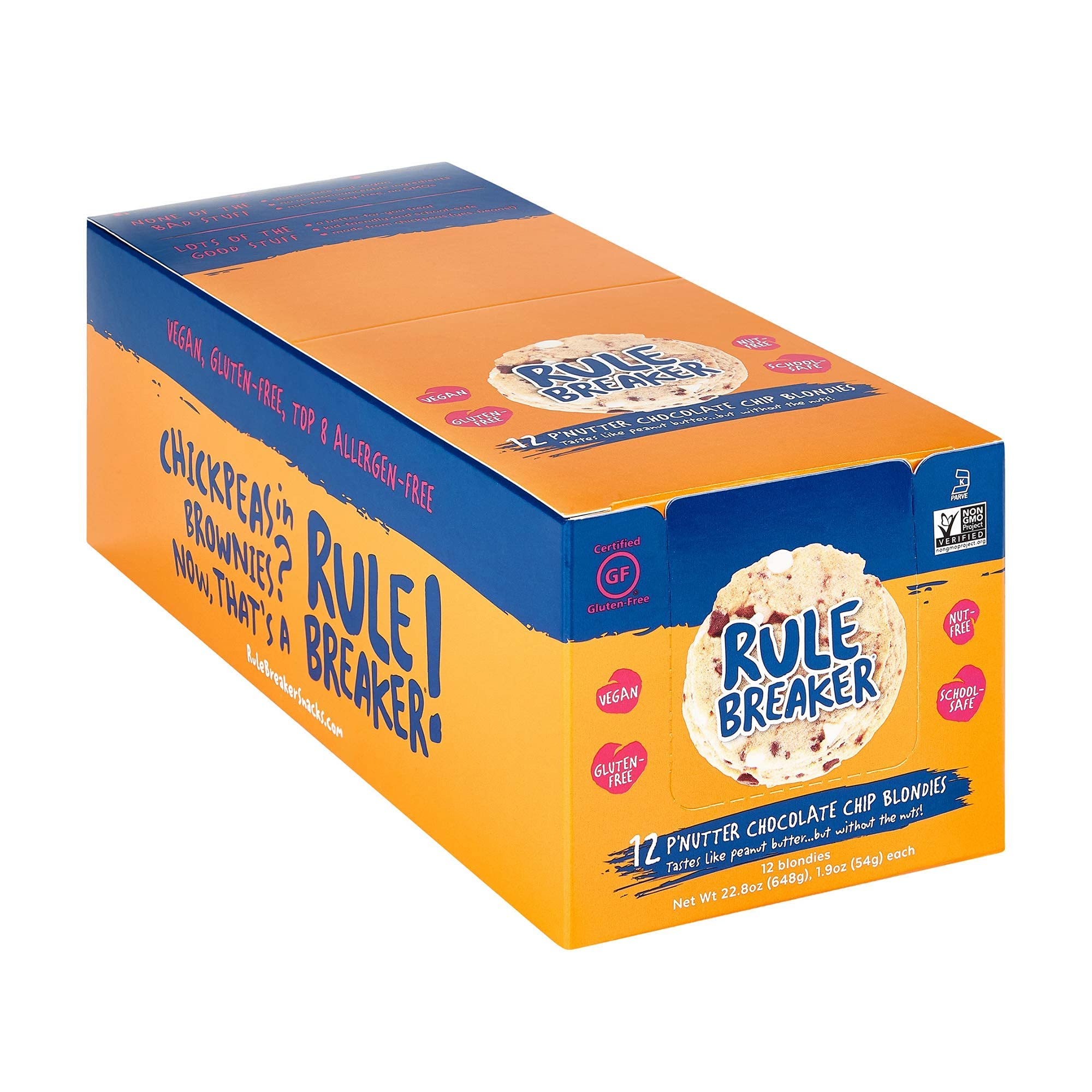 Rule Breaker Snacks Vegan Gluten Free P'Nutter Chocolate Chip Blondie Cookies | Plant-Based, Dairy-Free, Nut-Free, Allergen-Free, Kosher Certified | Soft-Baked Healthy Snacks for Kids & Adults | Perfect for Lunchboxes, Office Snacks & On-the-Go Treats (12-Pack)