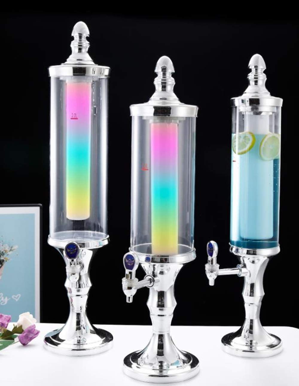 LED Colorful Shining Tabletop Wine Beer Tower Dispenser - 1.5L Stainless Steel Beverage Server for Juice, Cocktails & Drinks | Perfect for Home Bars, Parties, Restaurants, KTV & BBQ Gatherings