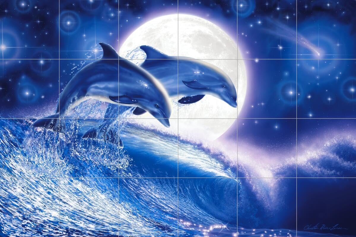 Ceramic Backsplash Tile Mural - Dolphin Whale Underwater Ocean Fish Design for Kitchen, Bathroom & Shower - Freedom in Moonlight by Christian Riese Lassen - Perfect for Coastal, Beach & Nautical Home Decor