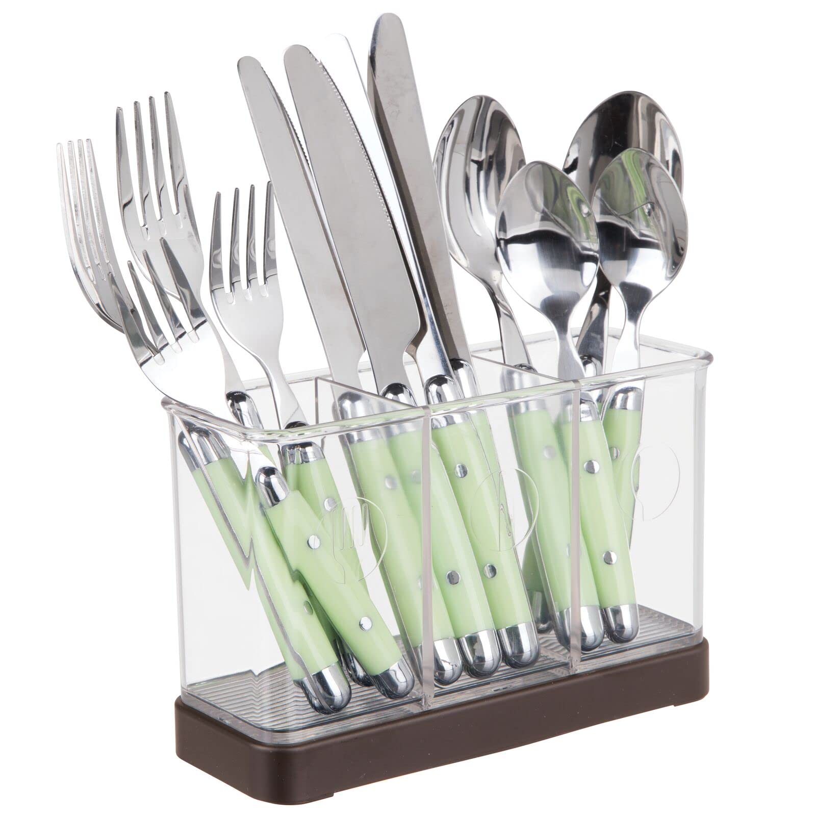 mDesign Plastic Cutlery Storage Organizer Caddy Bin - 3 Section Kitchen Utensil Holder for Forks, Knives, Spoons & Serving Tools - Clear/Bronze Design for Cabinet, Pantry or Table - Perfect for Indoor & Outdoor Dining, Picnics, BBQs & Camping
