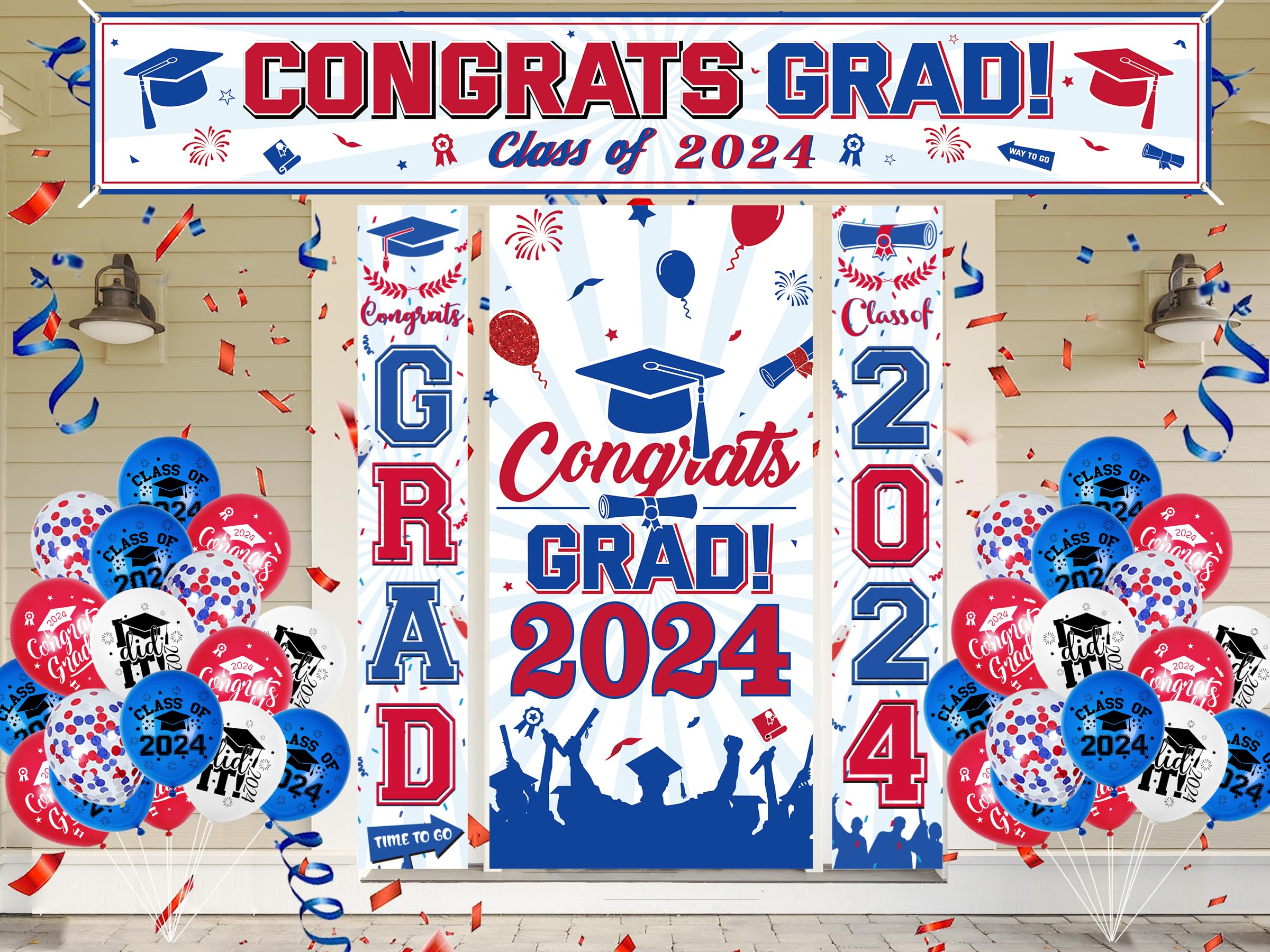 2024 Graduation Decorations - Red, White & Blue Graduation Banner for High School & College Parties | Class of 2024 Party Supplies | Perfect for Graduation Ceremonies, Photo Backdrops & Celebration Decor