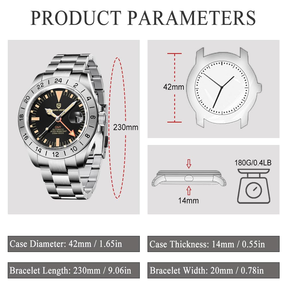 Pagani Design Men's Automatic GMT Watch - 42mm Stainless Steel, Sapphire Crystal, Waterproof & Luminous - Perfect for Business, Travel & Outdoor Sports