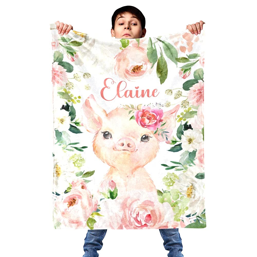 Personalized Baby Blanket with Cute Pig & Blush Pink Flowers - Super Soft Custom Fleece Blanket for Boys & Girls - Baby Shower, Birthday, Wedding Gift - 30