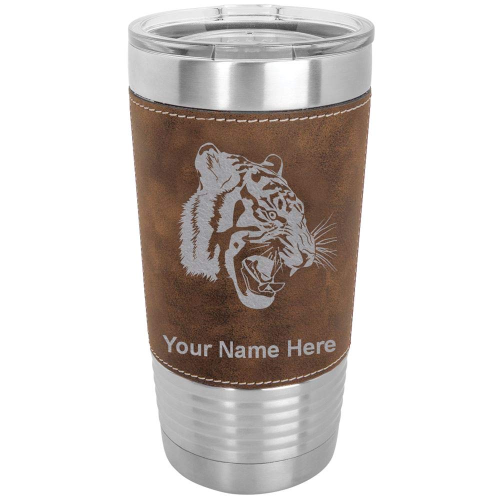 LaserGram 20oz Vacuum Insulated Stainless Steel Tumbler Mug with Tiger Head Design - Personalized Engraving, Faux Leather Base & Rustic Finish - Perfect for Coffee, Tea & Cold Drinks at Home, Office or Outdoor Adventures
