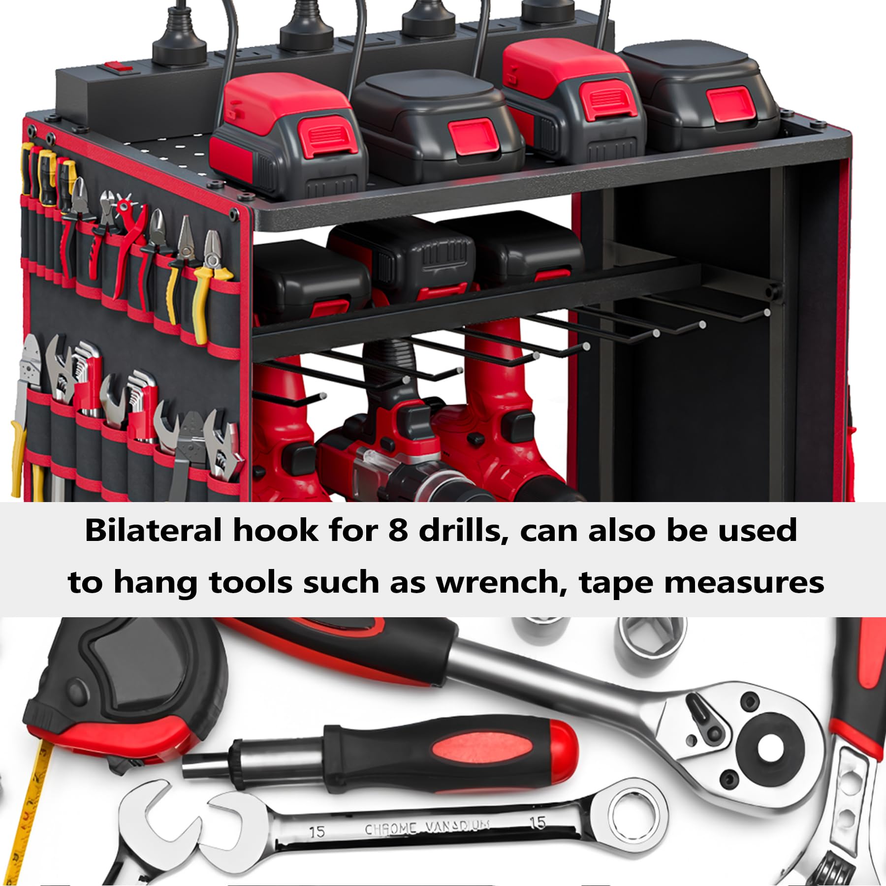 Heavy-Duty Power Tool Organizer Cart with 8-Outlet Charging Station | Mobile Tool Storage with DIY Drawer, Wheels & Power Strip | Utility Rack for Power Tools, Batteries & Repair Equipment (Red) | Perfect for Garage Workshops, Construction Sites & DIY Projects