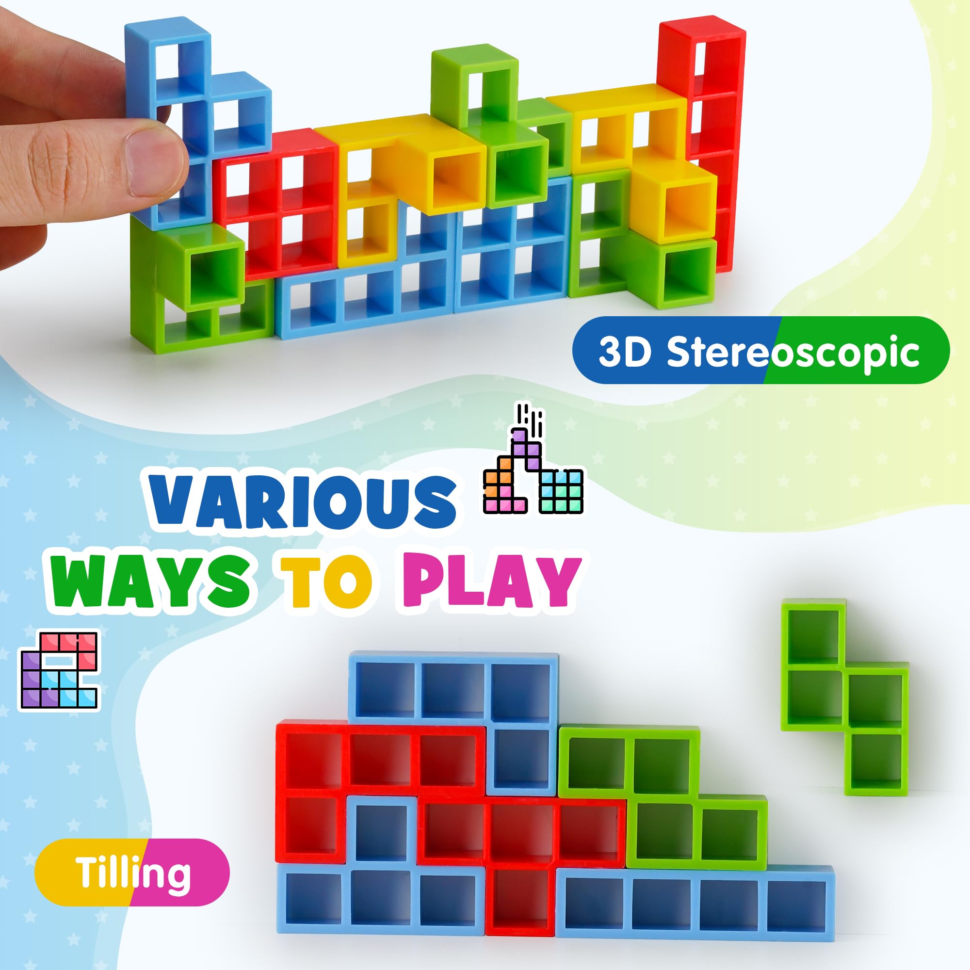 WOWNOVA 32PCS Tetra Tower Stacking Blocks - Fun Balance Building Game for Kids, Teens & Adults - Perfect for Family Game Night, Parties & Indoor Activities - STEM Learning Toy for All Ages