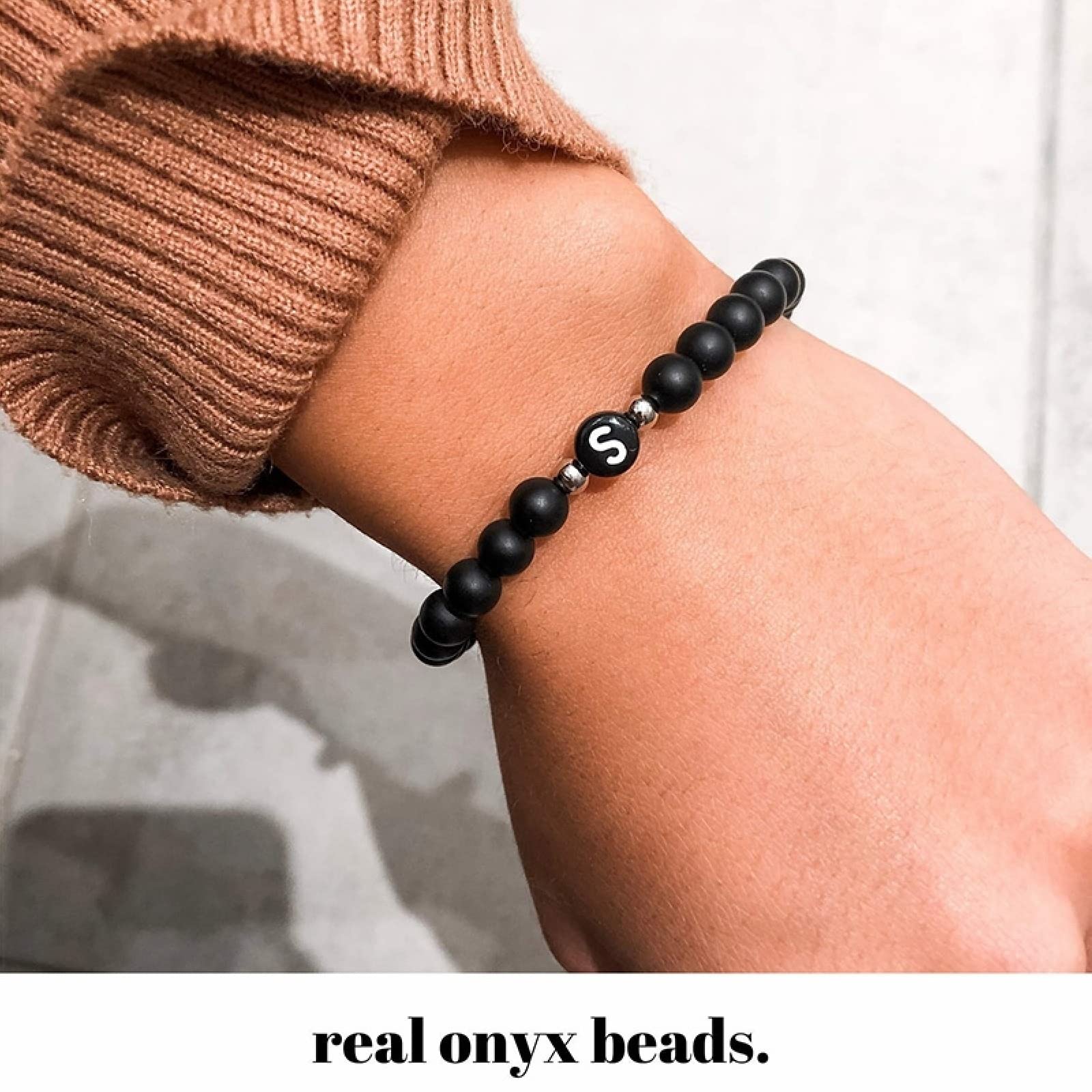 Black Agate Beaded Bracelet for Women & Men - Elastic Letter U Bead Bracelet with Alloy Charms, Unisex Birthday Gift for Her & Him - Perfect for Casual Wear, Parties & Special Occasions