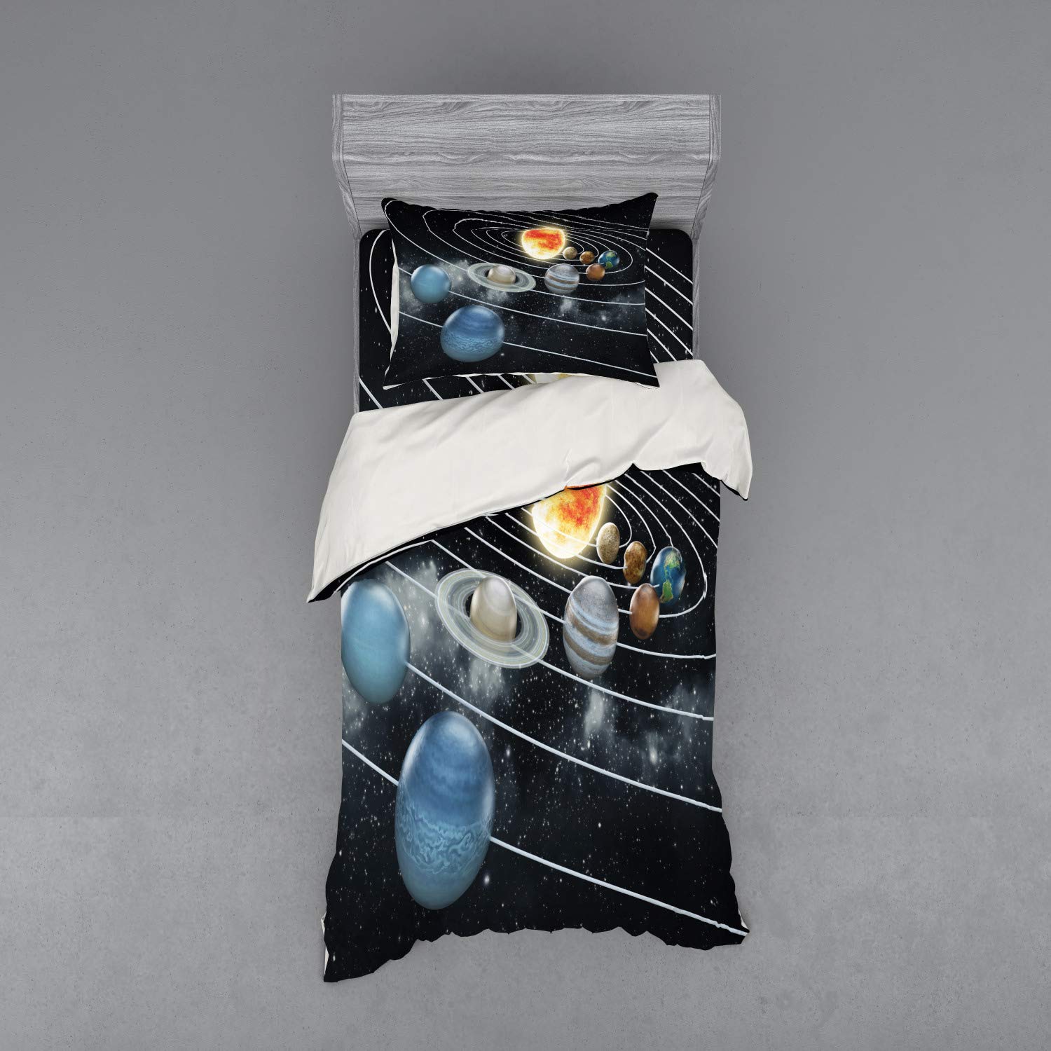 Ambesonne Galaxy Bedding Set - Solar System Duvet Cover with All 8 Planets, Sun & Pluto - Twin XL Size 3-Piece Set (Duvet Cover, Pillow Sham, Fitted Sheet) - Black & Grey Space Themed Bedding for Sci-Fi Lovers - Perfect for Astronomy Enthusiasts & Kids' Room Decor