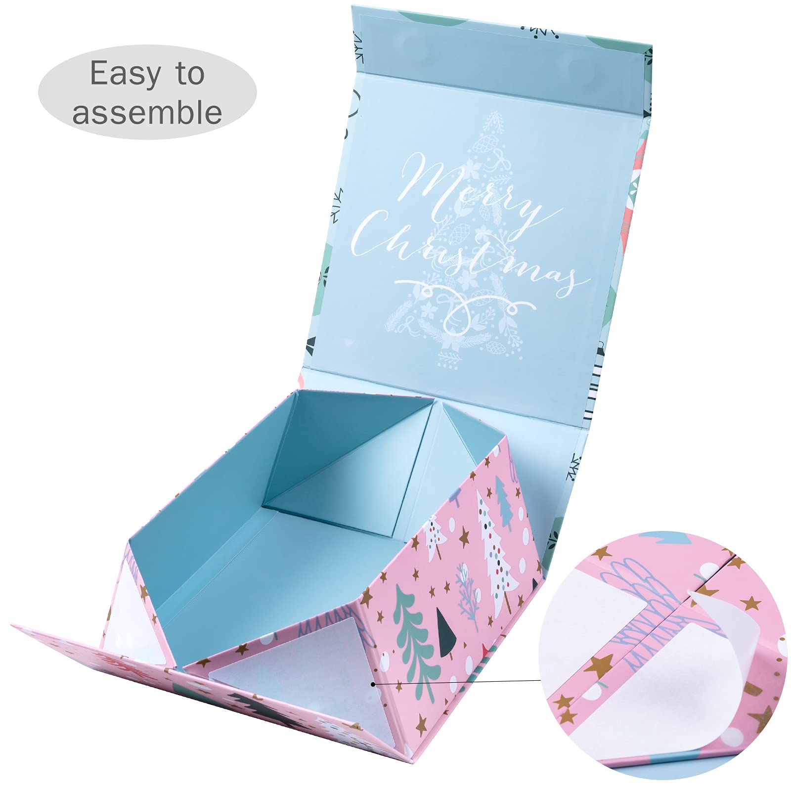 WRAPAHOLIC Christmas Gift Box with Lid - 8x8x4 Inch Pink & Blue Ornament Design Collapsible Box with Magnetic Closure & 2 Tissue Papers | Holiday Present Wrapping, Party Favors, Wedding Decorations