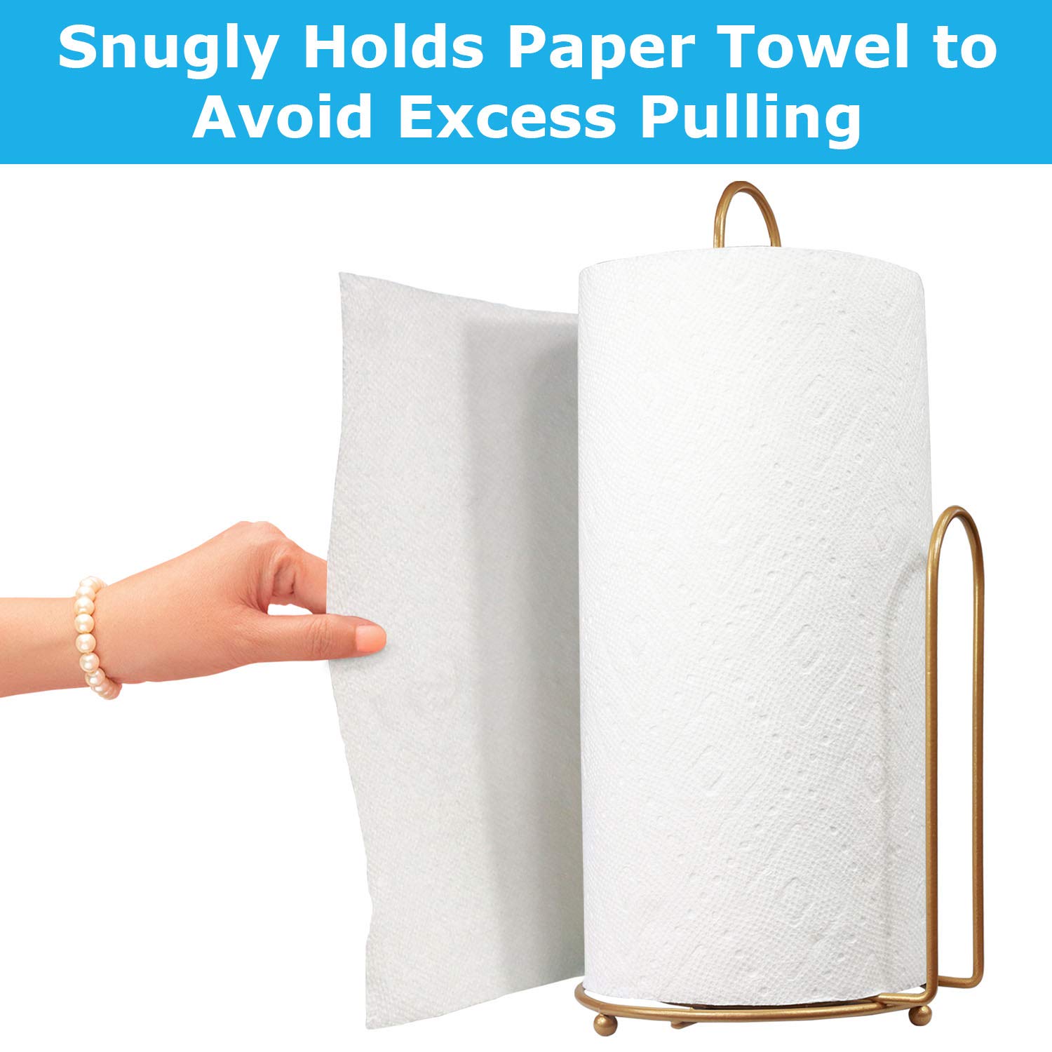 Blue Donuts Paper Towel Holder - One-Handed Tear Dispenser for Kitchen Countertop | Farmhouse Style Gold Towel Rack | Perfect for Home, Office, and Restaurant Use