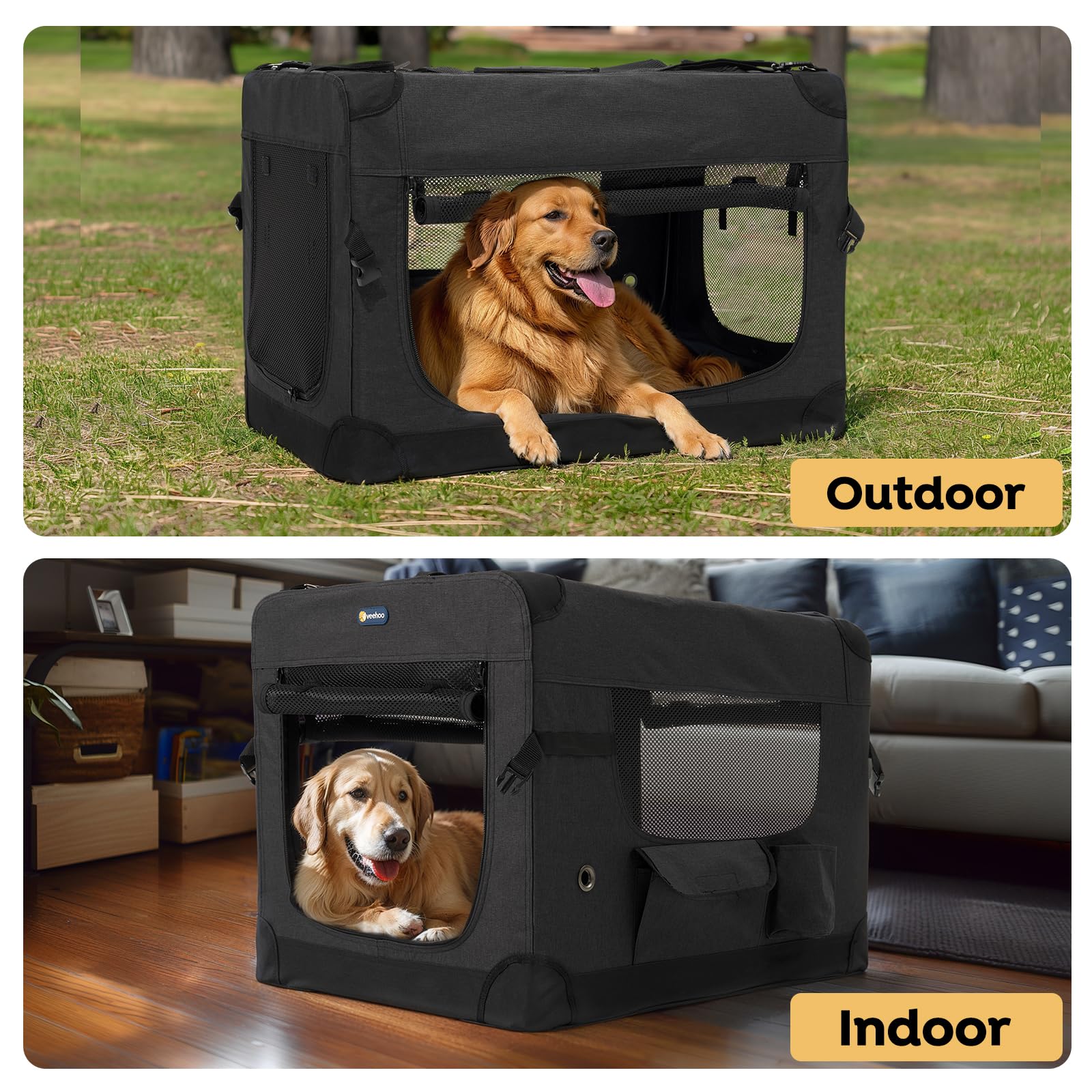Veehoo 36 Inch Folding Soft Dog Crate - 4-Door Portable Collapsible Pet Kennel for Large Dogs | Heavy-Duty 600D Oxford Fabric & 5 Durable Mesh Screens | Indoor & Outdoor Use for Travel, Camping & Home | Black (CWB2428CP)