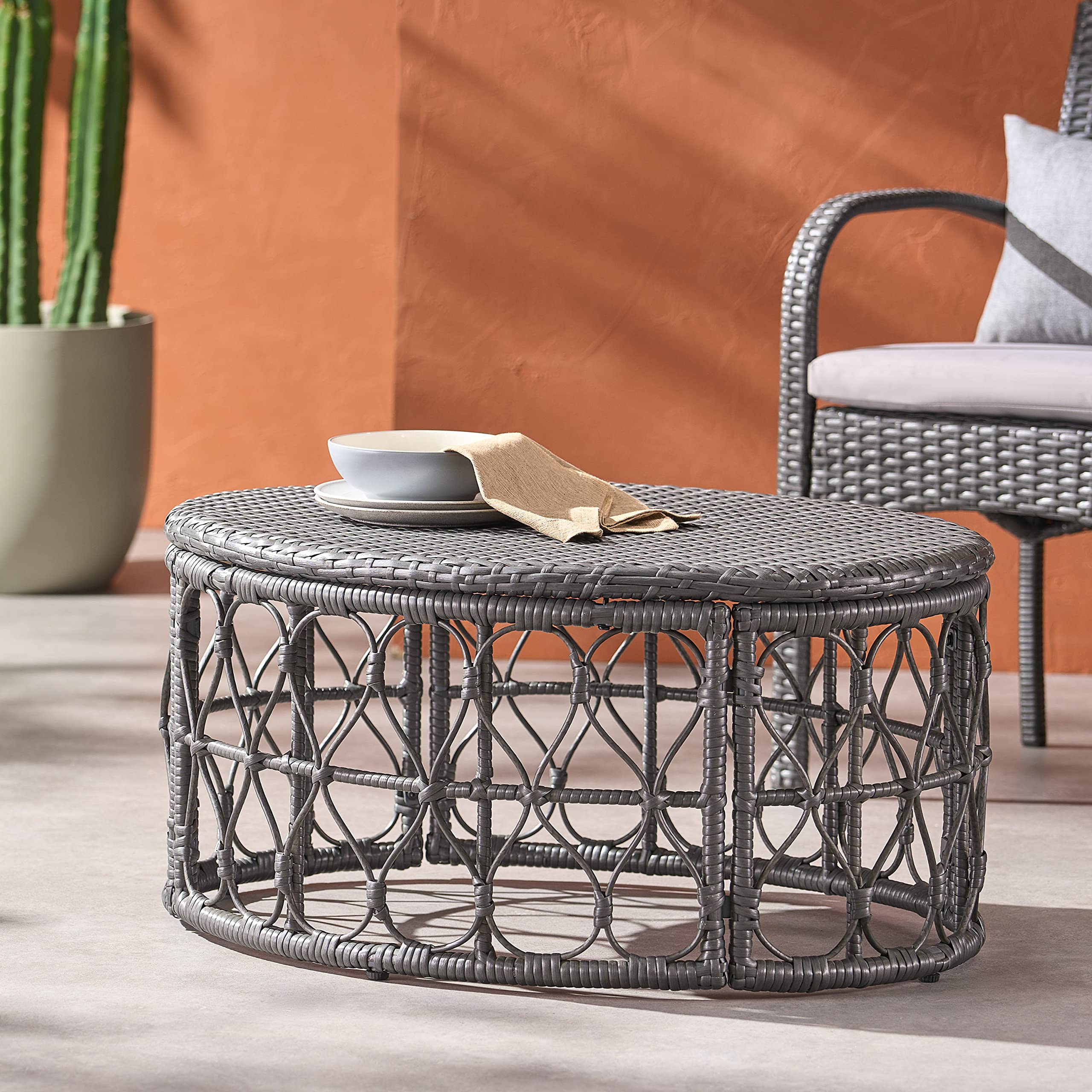 Christopher Knight Home Bruce Outdoor Coffee Table - Weather-Resistant Wicker - Gray - Perfect for Patio, Deck, and Garden Furniture