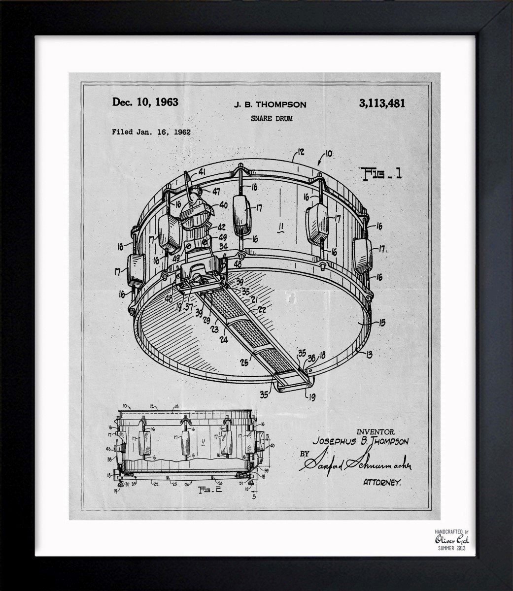 Vintage 1962 Snare Drum Blueprint Wall Art Print - 26x32 Inch Music Decor for Home & Office | Oliver Gal Collection | Perfect for Musicians, Studios & Retro-Themed Rooms