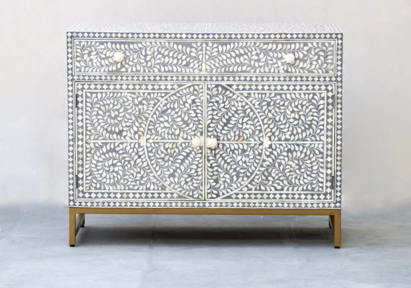 Handmade Bone Inlay Sideboard - Grey Scroll Vine Design Wooden Buffet Cabinet for Dining Room & Living Room Storage | Vintage Home Decor Furniture